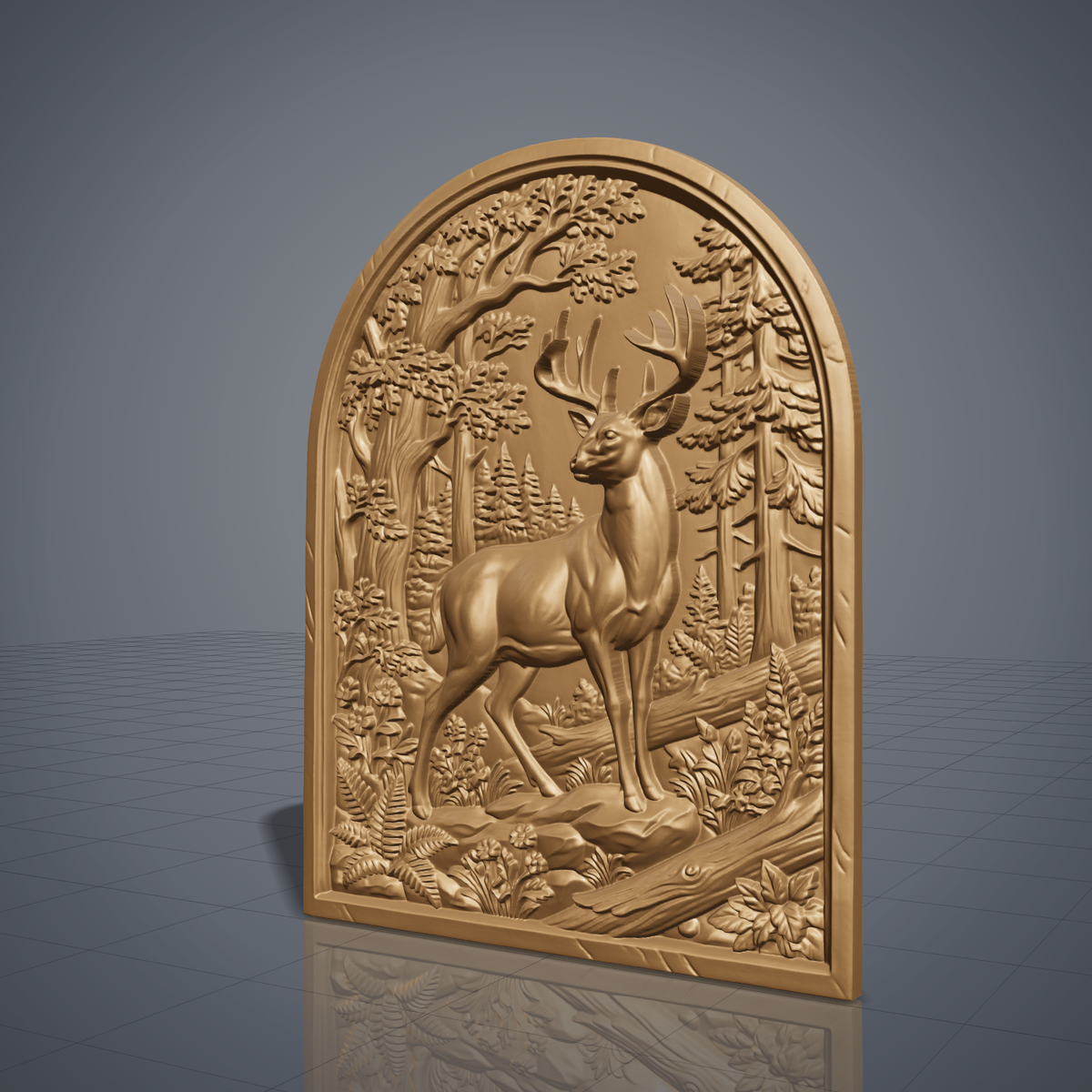 3D bas-relief of a standing buck with a full set of antlers, set in an arched-top frame. Oak trees, tall pines, ferns, wildflowers and a fallen log surround the deer in raised forest detail. Smooth sculpted anatomy and fine leaf texture. Designed for CNC relief carving, woodworking and 3D printing as arched wall decor.