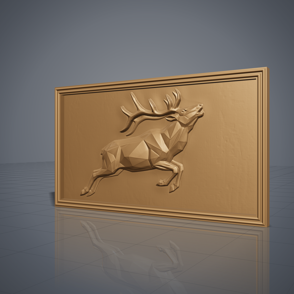 Detailed 3D bas-relief of a low poly geometric bull elk leaping with head raised and large antlers, faceted angular body and raised hooves, set inside a stepped molded rectangular frame. Shown in carved walnut wood and grey resin. Designed for CNC relief carving, woodworking and 3D printing as modern geometric wildlife wall decor.