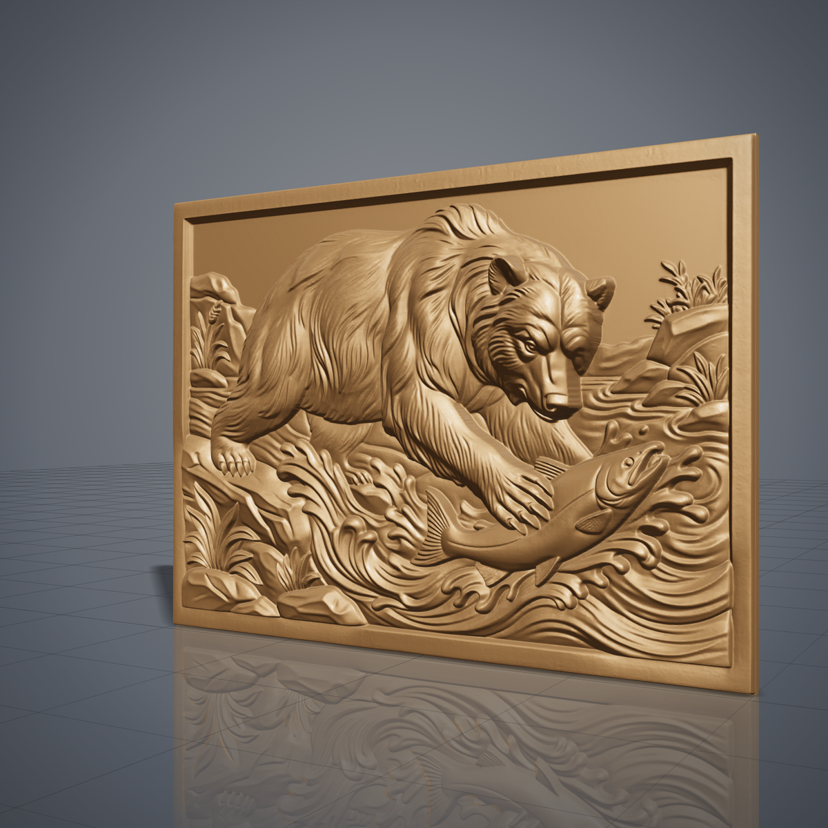 Detailed 3D bas-relief of a grizzly bear catching a leaping salmon in a rushing river, with splashing waves, riverside rocks and wild grasses. Framed by a rectangular border with a recessed panel and stepped inner edge. Shown in carved walnut wood and grey resin. Designed for CNC relief carving, woodworking and 3D printing as rustic cabin wildlife wall decor.