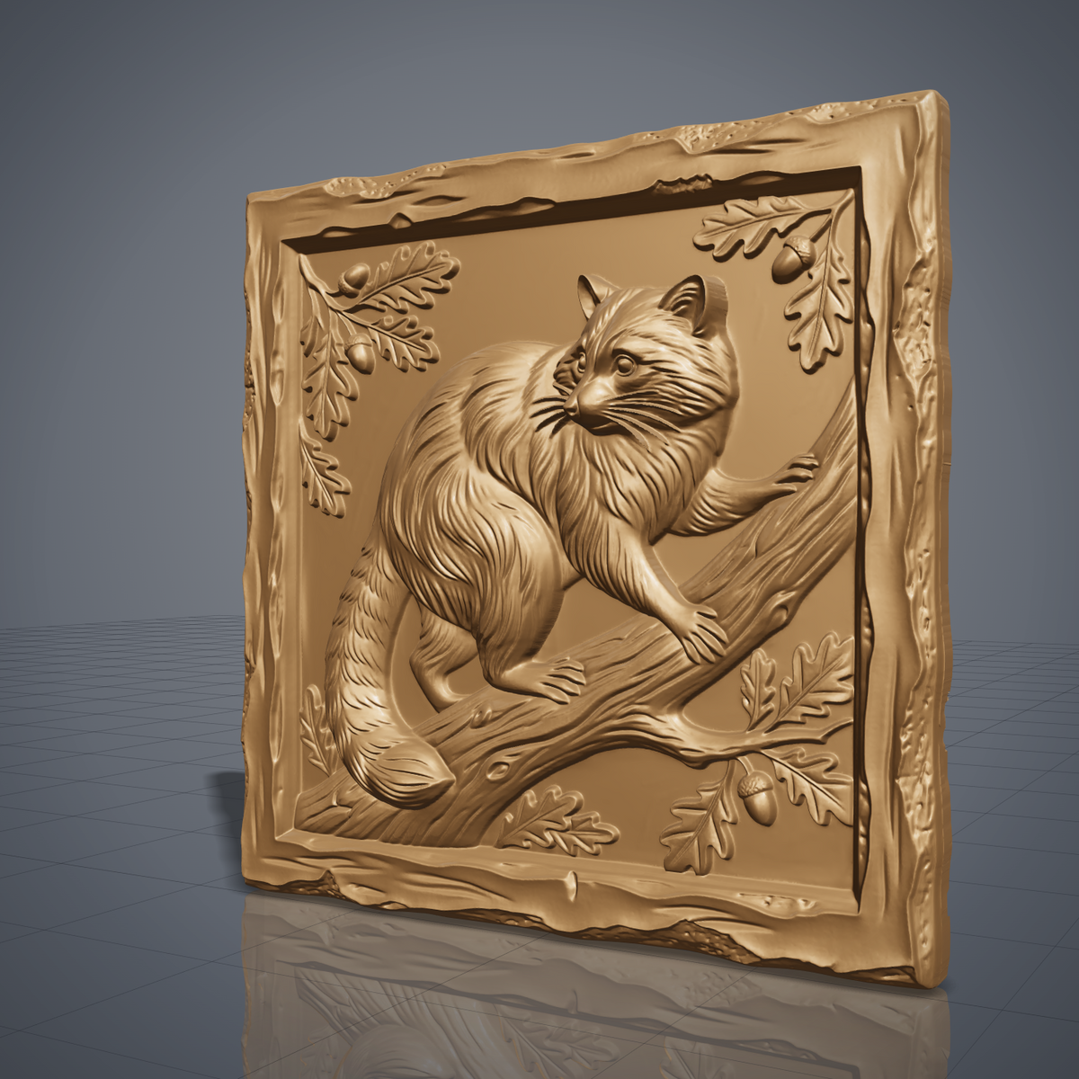 A detailed 3D bas-relief of a raccoon set within a square frame, capturing its facial markings, fur texture, and alert expression in fine raised detail. The design is bordered by a clean square edge, giving it a finished plaque-like presentation. Carved in wood grain texture with natural highlights and shadow depth. Designed for CNC relief carving, wood routing, and 3D printing as wall decor or a nature-themed gift.
