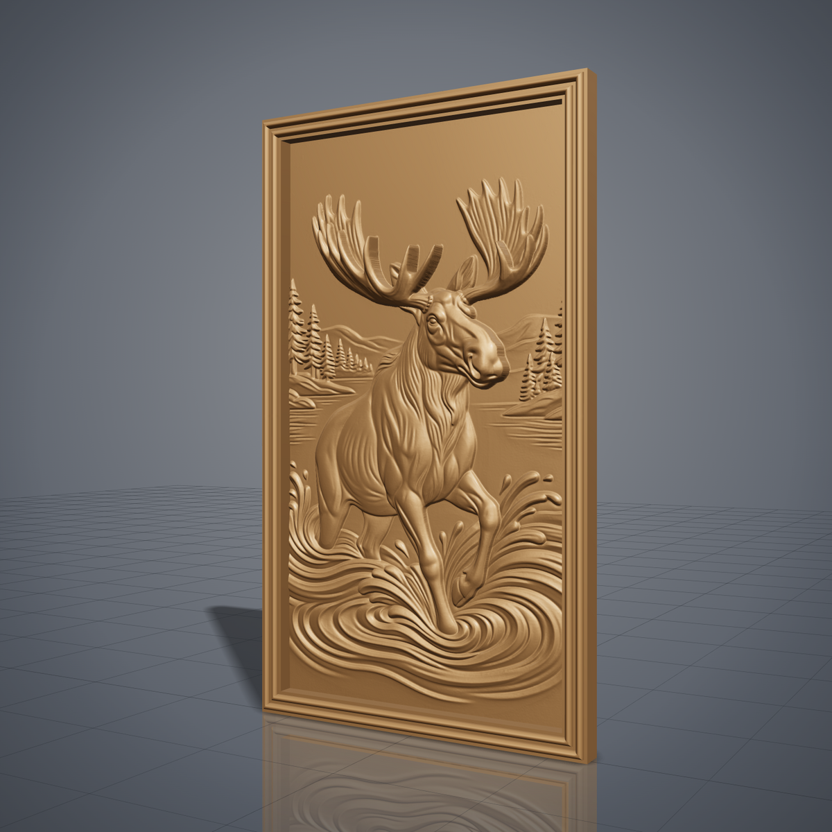 High-relief 3D bas-relief of a big moose with huge antlers wading through splashing lake water, with pine trees, lake shore and distant mountains behind, set in a tall portrait rectangular plaque with a stepped molded border. Fine fur, muscle and layered water ripple detail. Designed for CNC relief carving, wood routing and 3D printing as rustic wildlife wall decor for a cabin, lodge or den.