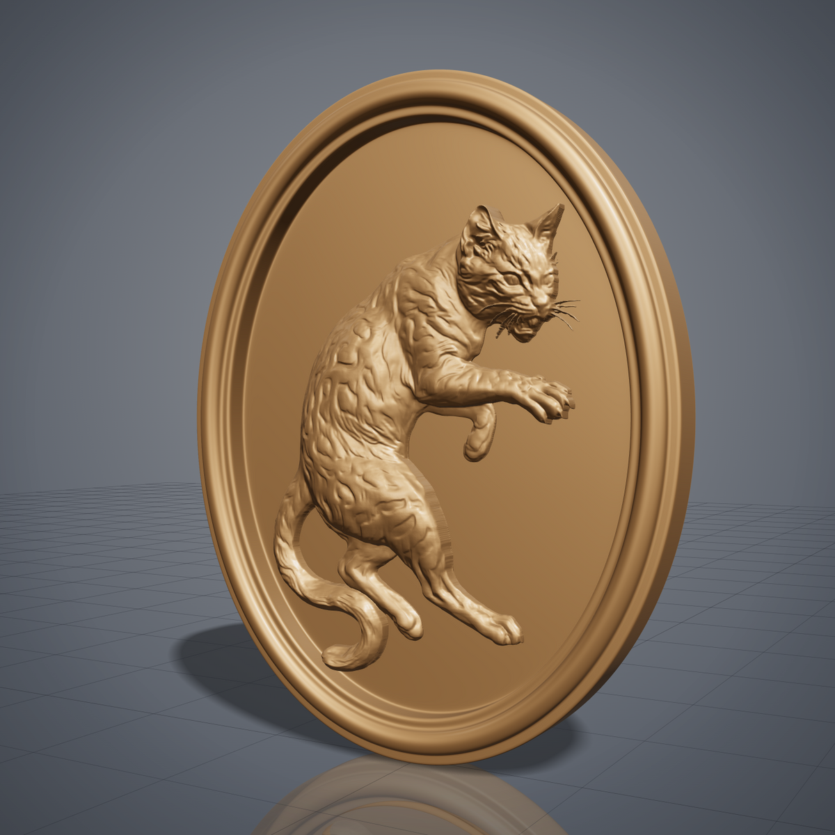 Detailed 3D bas-relief of a snarling cat rearing up inside an oval frame, mouth open showing fangs and one forepaw extended with claws out. Carved fur and rosette coat texture, a long S-curved tail, and a smooth double raised border around a recessed panel. Shown in dark walnut with fine woodgrain detail. Designed for CNC relief carving, wood routing, and 3D printing as animal wall decor.