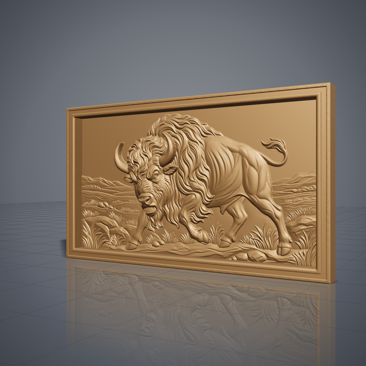 Detailed 3D bas-relief of an American bison charging forward with head lowered toward the viewer, showing curved horns, a flowing shaggy mane, bearded chin, muscular body and raised curled tail. Behind it stretches a prairie landscape with rolling hills, tall grass and scattered rocks. Set inside a wide stepped rectangular frame. Designed for CNC relief carving, wood routing and 3D printing as rustic western wall decor.