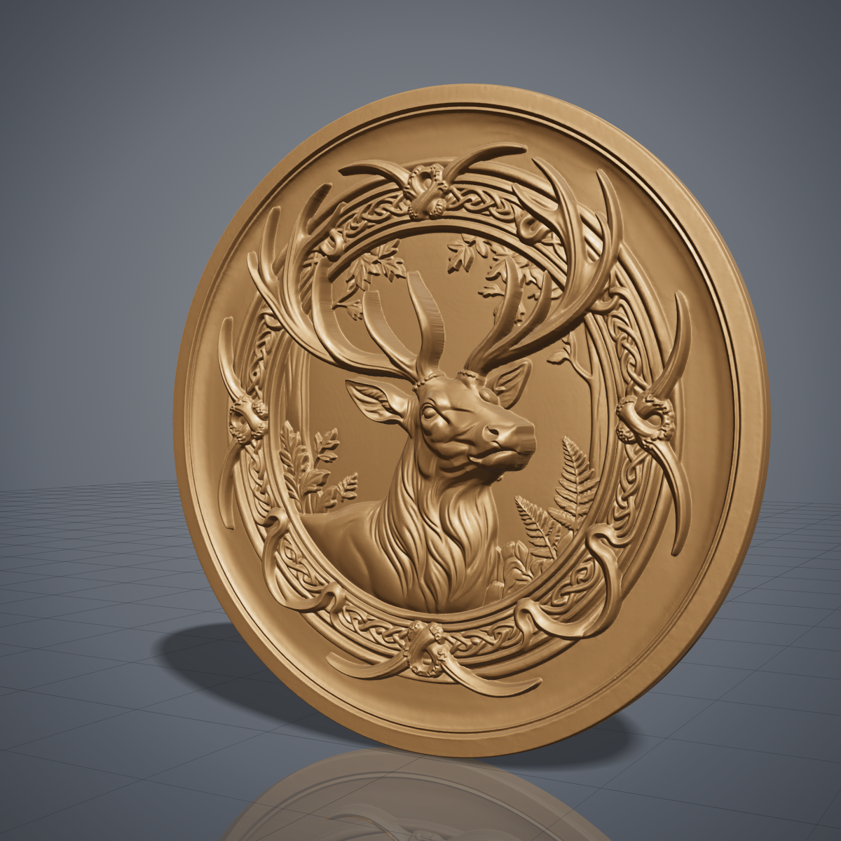 High-relief 3D bas-relief of a deer head with large antlers inside a circular Celtic knotwork frame with leaves and ferns, made as a solid round plaque with a full flat background. Fine antler, fur and knot detail with layered relief. Designed for CNC relief carving, wood routing and 3D printing as Celtic wildlife wall decor for a cabin, lodge or den.