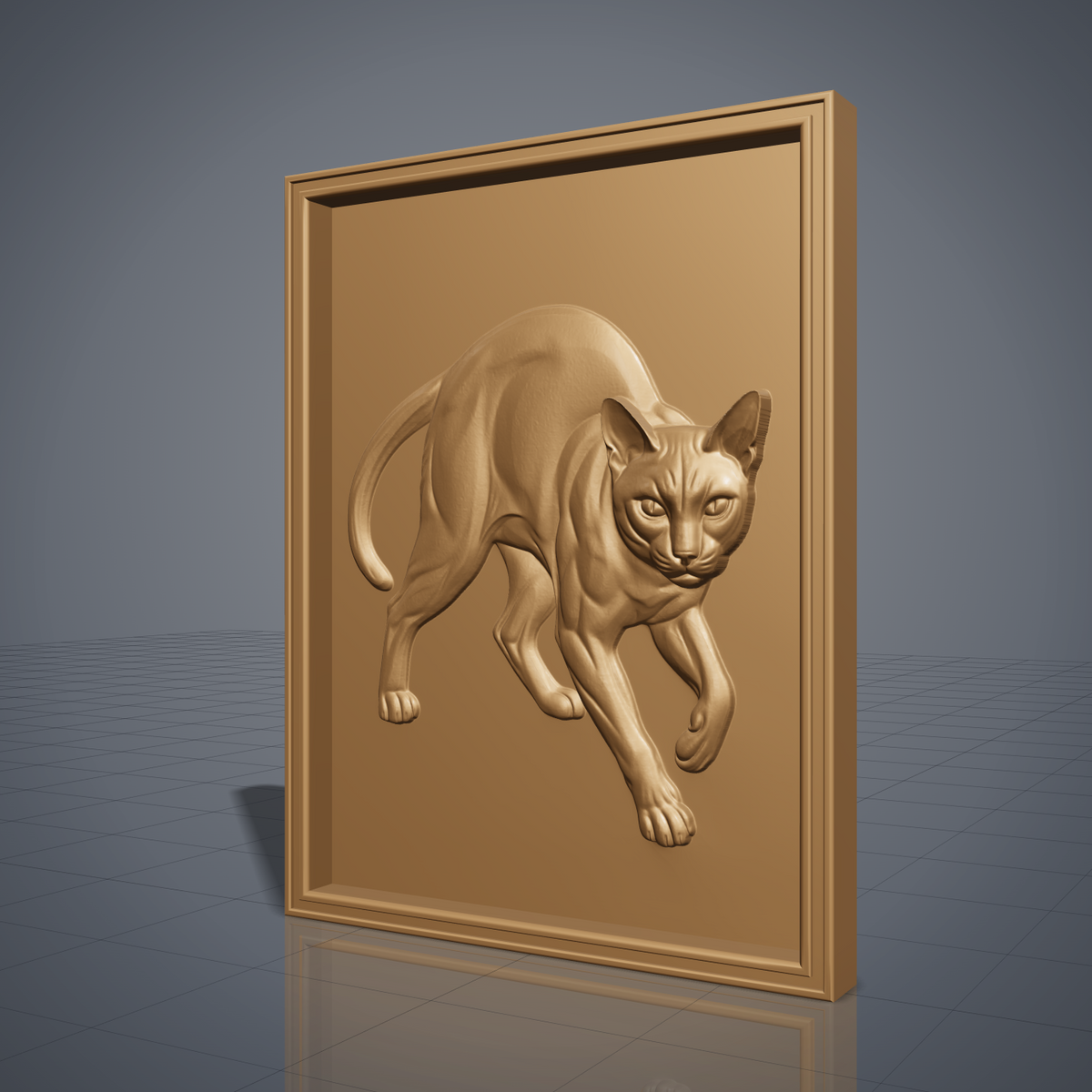 Highly detailed 3D bas-relief of a cat in a dynamic lunging, stretching pose, captured mid-step with an arched back and curled tail. Fine fur texture and muscle definition are carved throughout, set within a raised rectangular frame border. Designed for CNC relief carving, wood routing, and 3D printing as wall art or home decor.
