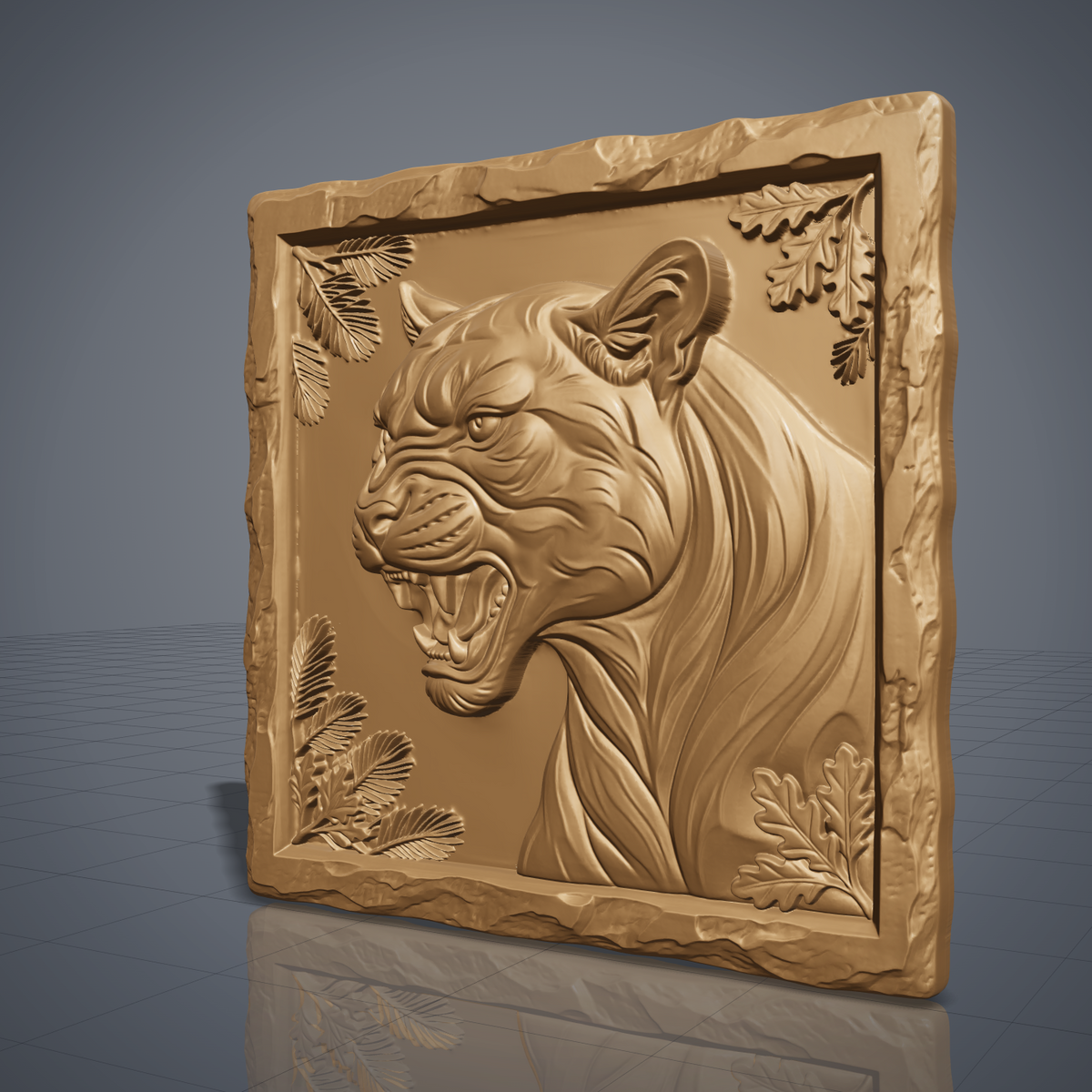 Snarling mountain lion head carved in dark walnut wood inside a square rustic rock-edge frame with pine and oak leaf corners, shown as a workshop mockup and a grey resin render. Digital STL relief file for CNC routers and 3D printers, ideal for wildlife wall art, panels and woodworking projects.