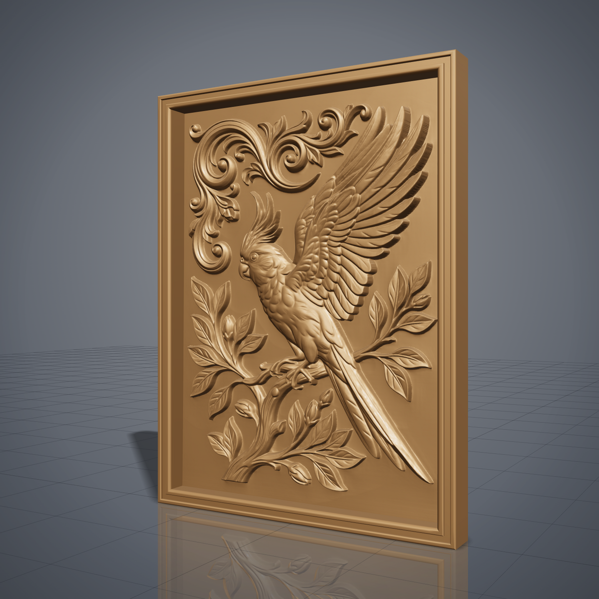 Highly detailed 3D bas-relief of a crested cockatoo with one wing raised and spread, perched on a flowering branch with budding leaves and long tail feathers trailing below, set against ornate scrollwork carved in rich walnut wood. The scene is framed by a raised, molded picture-frame border on a vertical rectangular panel. Fine relief carving captures individual feathers, leaf veins, and natural wood grain throughout. Designed for CNC relief carving, wood routing, and 3D printing as bird lover,