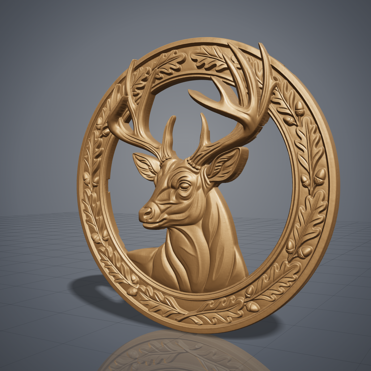 High-relief 3D bas-relief of a deer head with large antlers inside a circular wreath of oak leaves and acorns, made as an open cutout with the background cut away. Fine antler, fur and leaf detail with layered relief. Designed for CNC relief carving, wood routing and 3D printing as rustic wildlife wall decor for a cabin, lodge or hunting den.