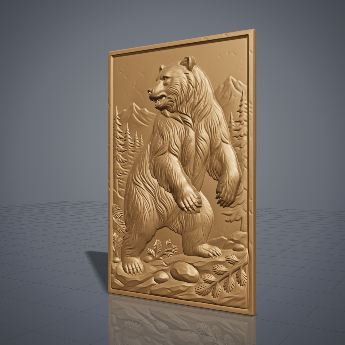 Detailed 3D bas-relief of a standing grizzly bear in a pine forest with snow-capped mountains behind, rocky ground and fern details in the foreground. Framed by a rectangular molded border around a recessed panel. Shown in carved walnut wood and grey resin. Designed for CNC relief carving, woodworking and 3D printing as rustic cabin and wildlife wall decor.