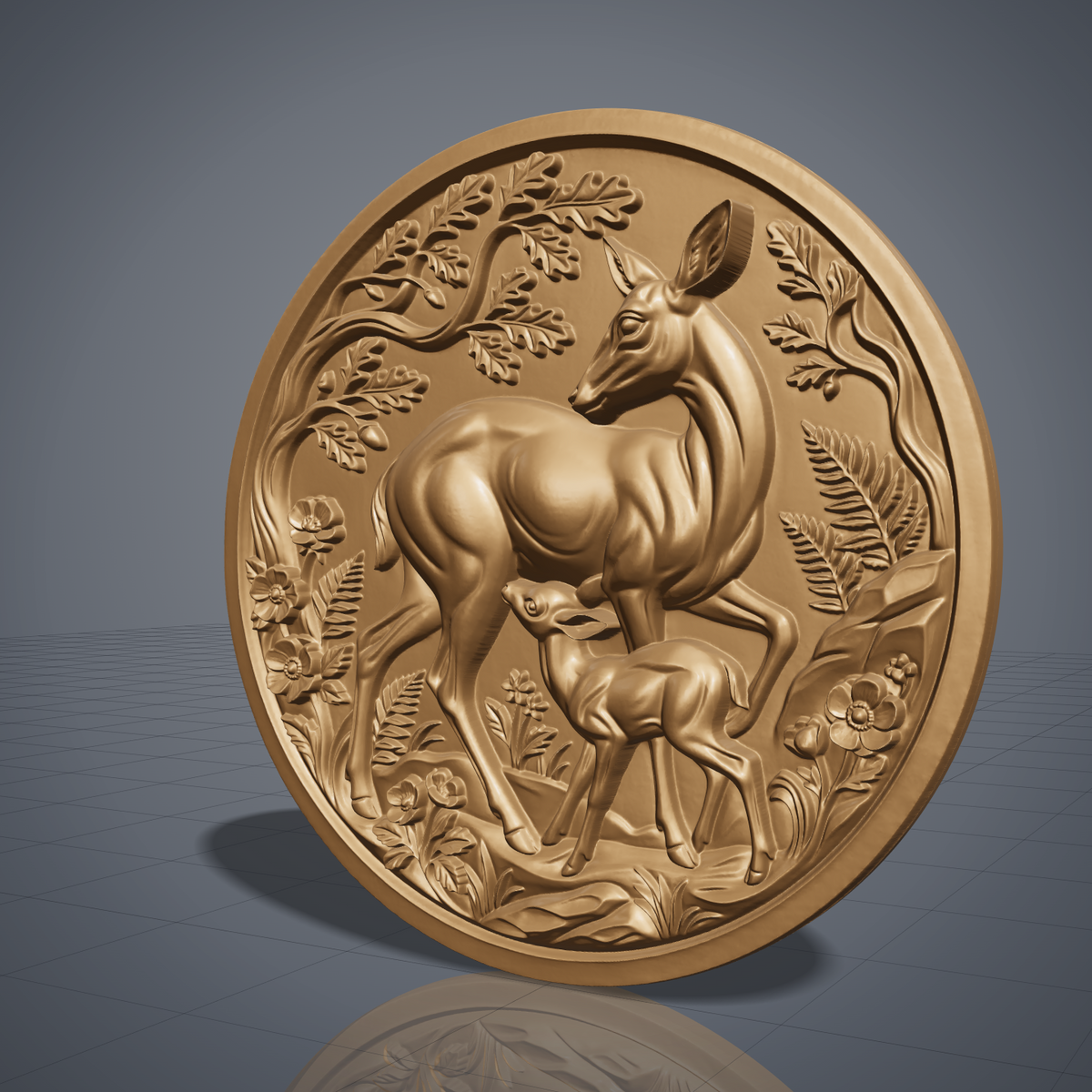 3D bas-relief of a doe looking back while her fawn nurses, set in a round medallion with a raised ring border. Oak branches with acorns arch overhead, with ferns, wild roses and meadow grass in raised detail. Smooth sculpted anatomy and fine leaf texture. Designed for CNC relief carving, woodworking and 3D printing as round wall decor.