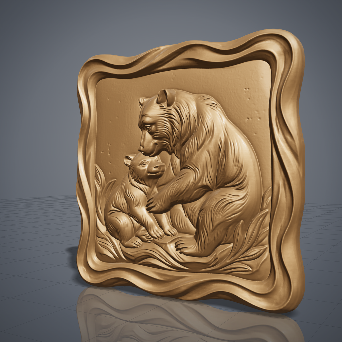 Detailed 3D bas-relief of a mama bear hugging and nuzzling her cub on grassy ground, with fine fur texture and wild grass blades. Framed by a thick raised wavy cloud-shaped border around a recessed square panel. Shown in carved walnut wood and grey resin. Designed for CNC relief carving, woodworking and 3D printing as nursery, cabin and wildlife wall decor.