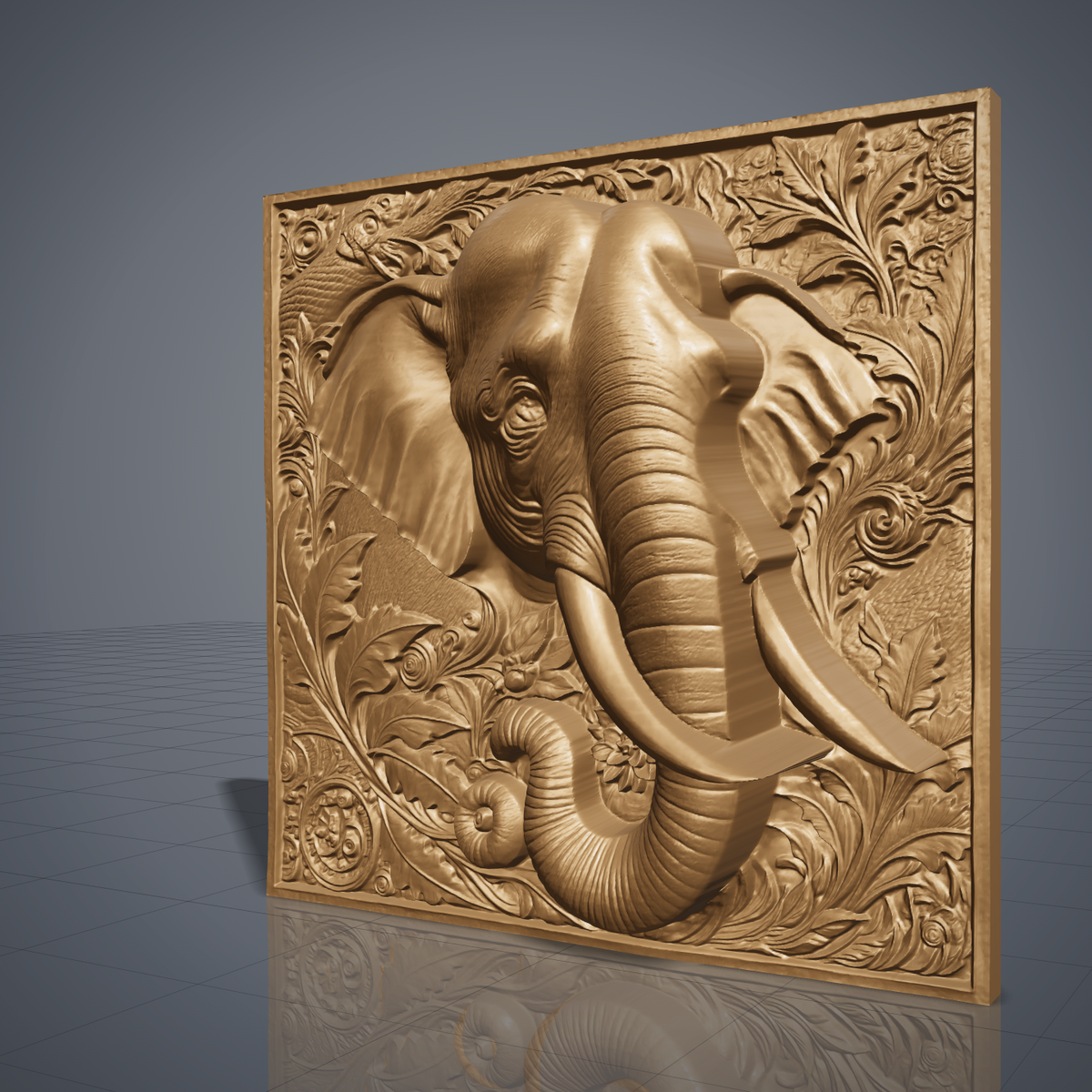 Elephant head carved in dark walnut wood inside a square frame with scrolling leaves, flowers and a curled trunk, shown as a workshop mockup and a grey resin render. Digital STL relief file for CNC routers and 3D printers, ideal for wildlife wall art, panels and woodworking projects.