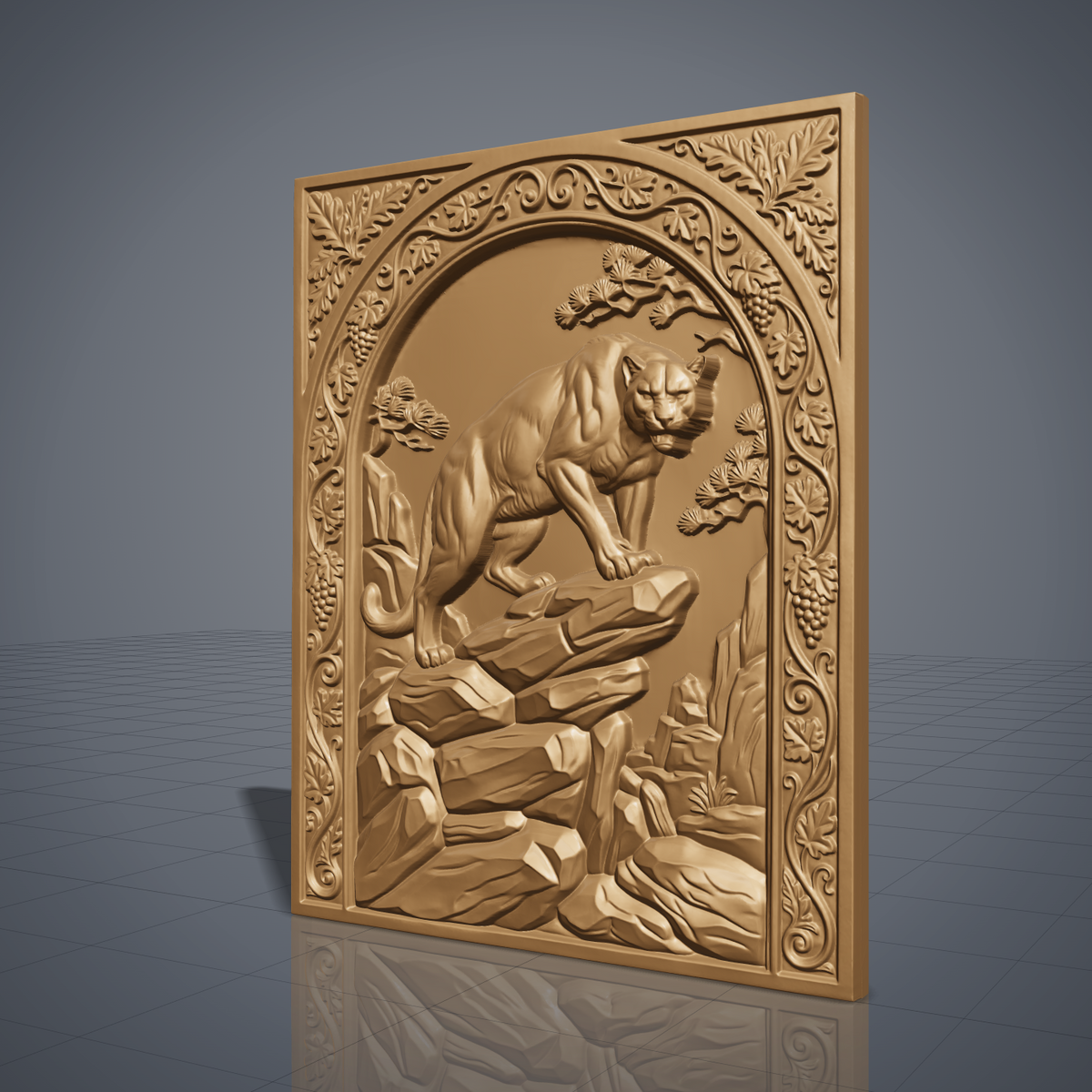 Mountain lion carved in dark walnut wood on a rocky ledge inside an arched rectangular frame with oak leaf, grape vine and pine details, shown as a workshop mockup and a grey resin render. Digital STL relief file for CNC routers and 3D printers, ideal for wildlife wall art, panels and woodworking projects.
