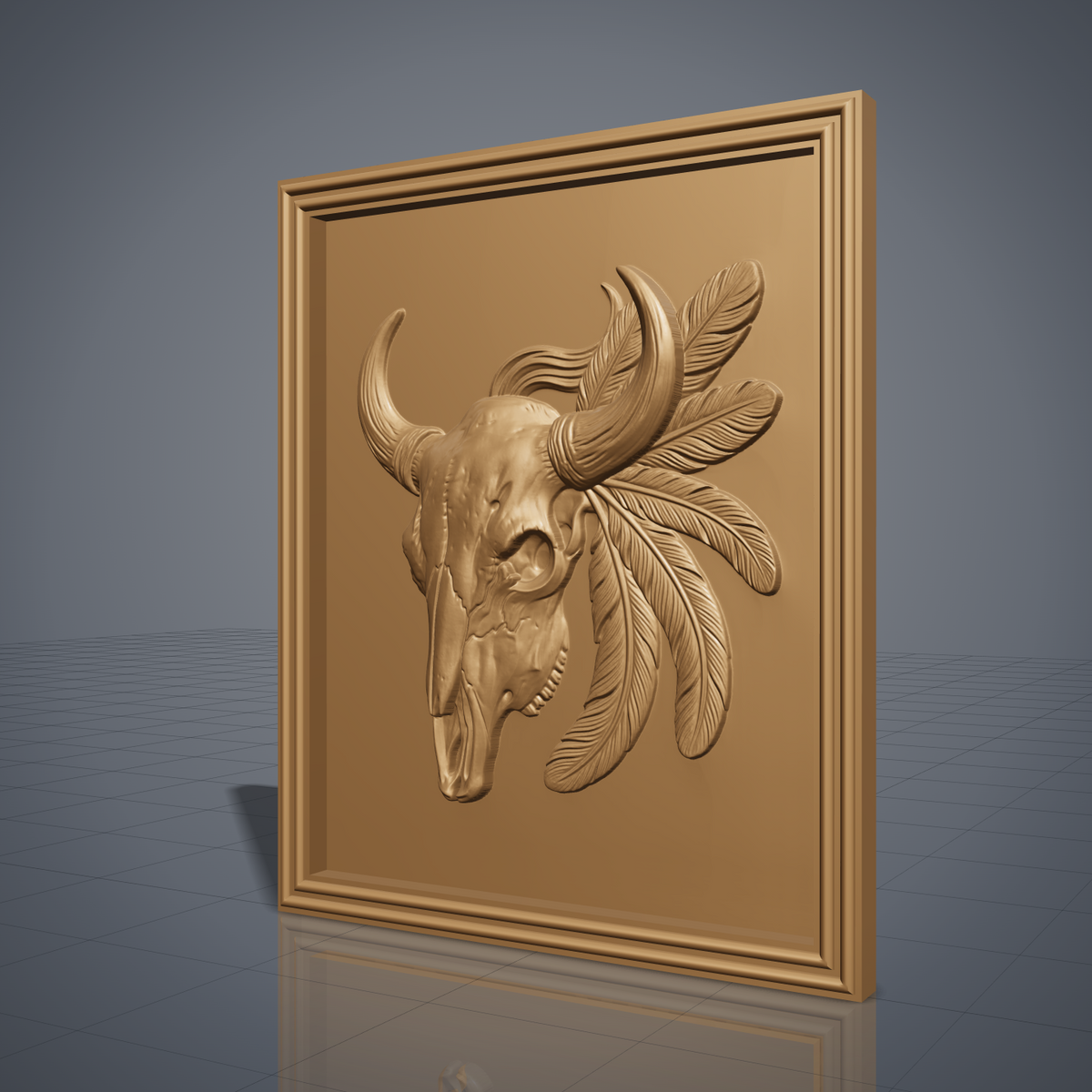 Detailed 3D bas-relief of a bison skull with two curved horns wrapped in leather bands, flowing mane wisps and five carved feathers hanging to the side, set inside a rectangular panel with a stepped molded frame. Rich walnut wood grain and raised detail. Designed for CNC relief carving, woodworking and 3D printing as rustic western wall decor.
