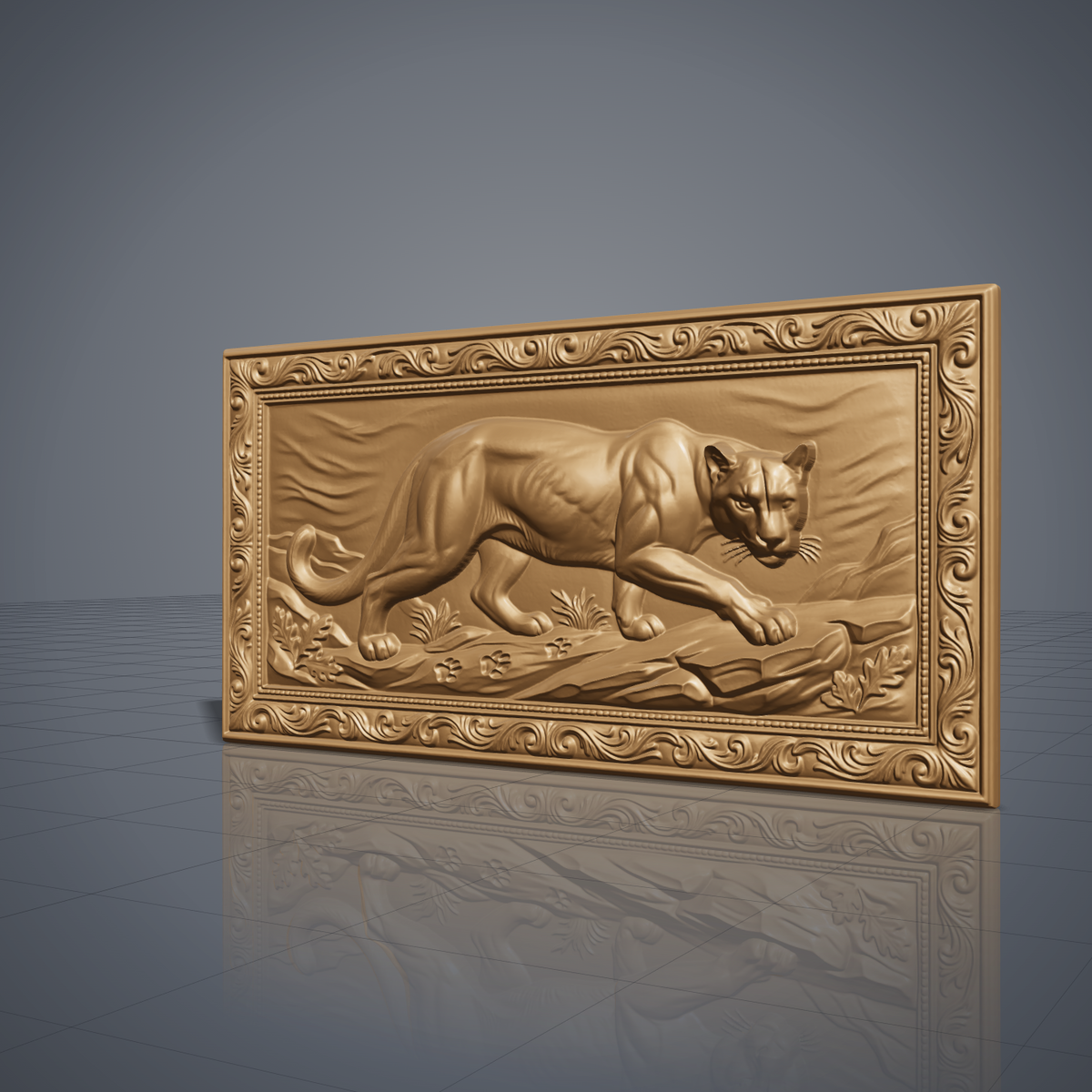 Prowling mountain lion carved in dark walnut wood inside an ornate scrollwork rectangular frame with oak leaves and rocky ledge, shown as a workshop mockup and a grey resin render. Digital STL relief file for CNC routers and 3D printers, ideal for wildlife wall art, panels and woodworking projects.