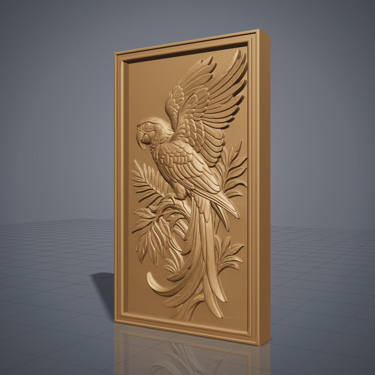 Detailed 3D bas-relief of a macaw parrot perched on a branch, wings fully spread, surrounded by palm fronds and scrollwork leaves. Carved in rich walnut wood grain with fine feather texture, set within a raised rectangular frame border. Designed for CNC relief carving, wood routing, resin casting, and 3D printing as wall decor.