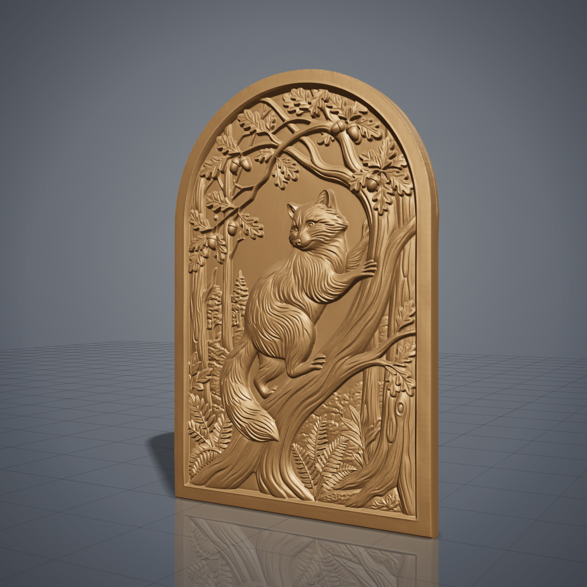 Detailed 3D bas-relief of a raccoon standing upright on its hind legs, one paw resting on a carved tree trunk, framed by an oak leaf and acorn canopy above and ferns below. Carved wood texture with fine fur detail on an arched-top rectangular panel. Designed for CNC relief carving, wood routing, and 3D printing as woodland wall decor.