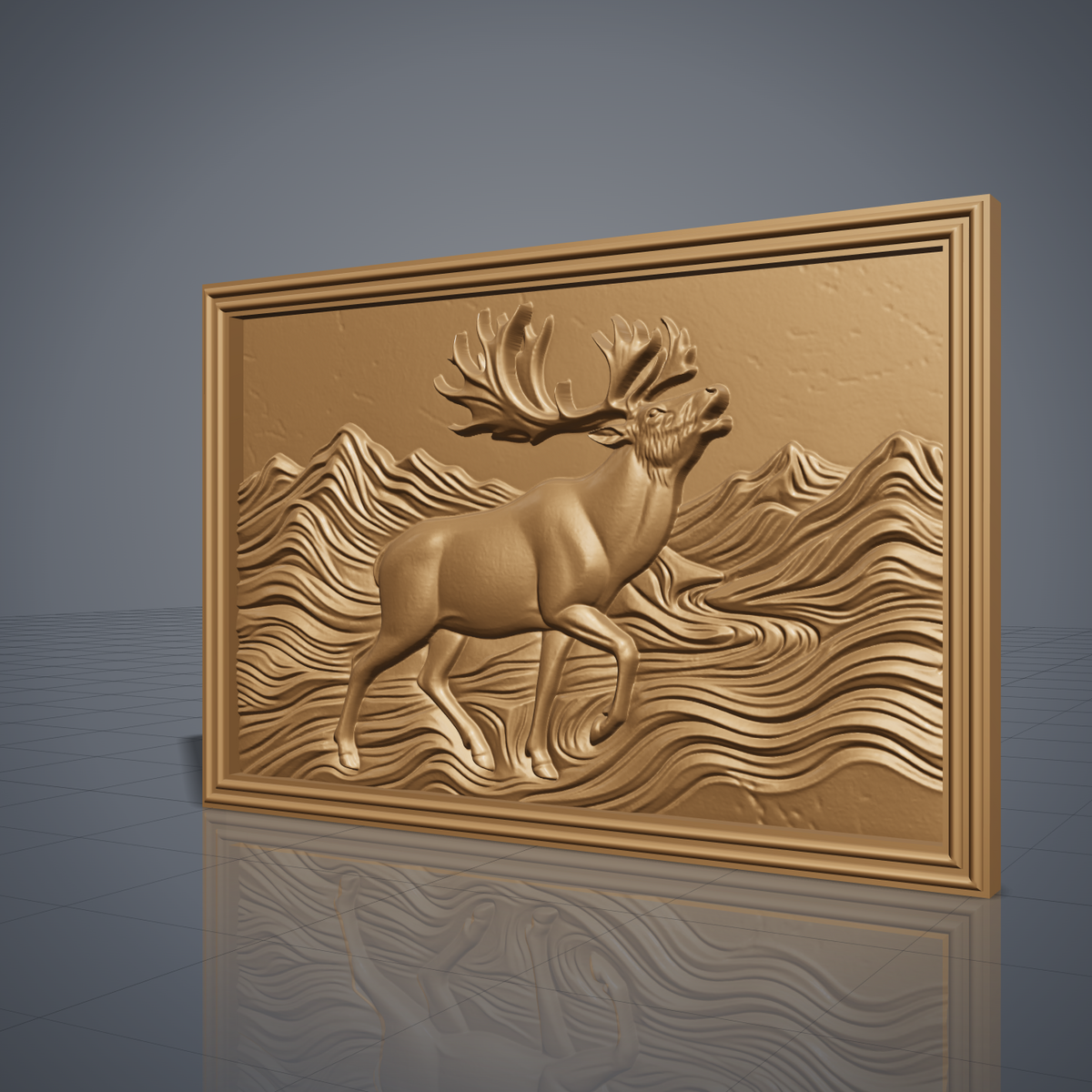 Detailed 3D bas-relief of a caribou with large branching antlers and raised front leg, striding through layered mountain ridges and flowing wind-swept waves. Set in a rectangular panel with a stepped molded frame, shown in carved walnut wood. Designed for CNC relief carving, woodworking and 3D printing as rustic northern wildlife wall decor.