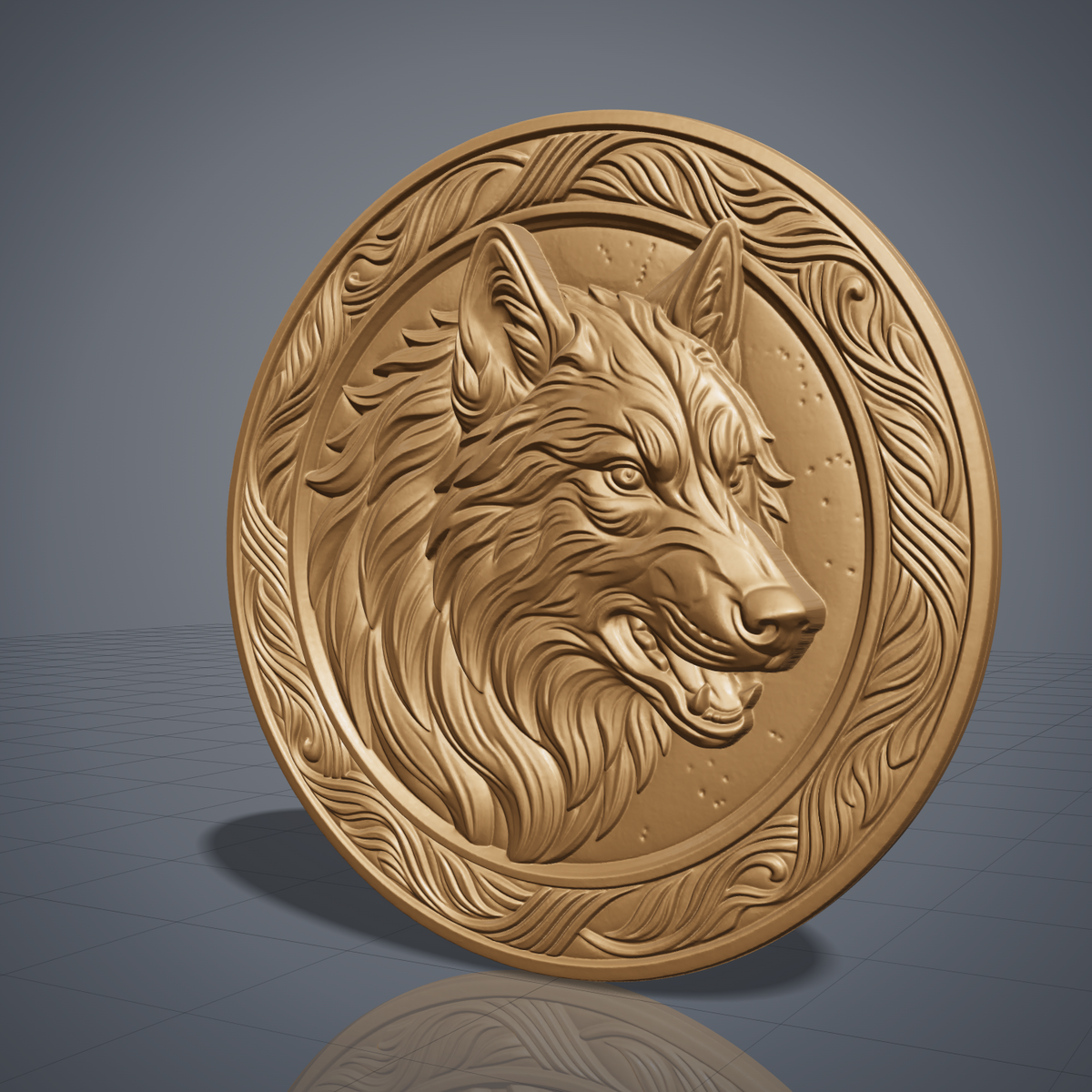 Detailed 3D bas-relief of a wolf head in profile with flowing layered fur, pointed ears and an open snarling mouth, set inside a raised round frame with carved leaf and vine scrollwork. Fine fur texture and deep shadows on a circular medallion panel. Made for CNC router carving, woodworking, 3D printing and rustic wolf wall decor.