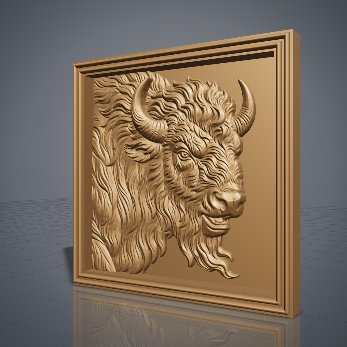 Bison head in side profile facing right with two curved horns, shaggy mane and beard, carved in high relief inside a square stepped molded frame, digital STL model for CNC router carving and 3D printing.