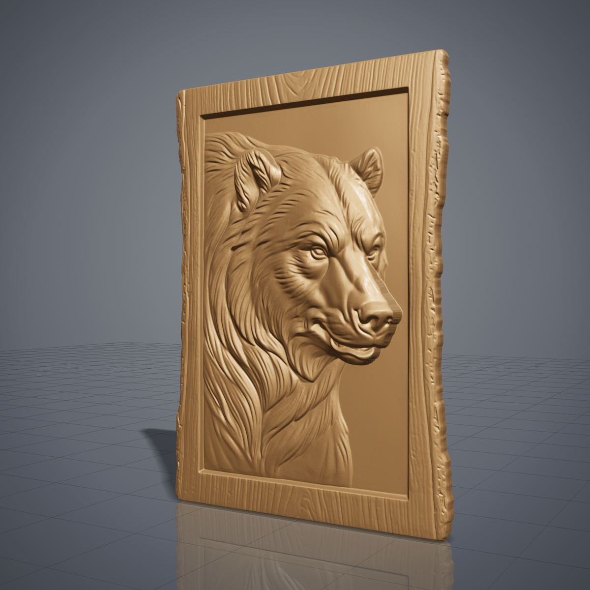 Detailed 3D bas-relief of a bear head in side profile with thick flowing fur, alert eyes and rounded ears, set inside a recessed panel. Framed by a rustic live edge wood border with natural bark texture and a raised inner rim. Shown in carved walnut wood and grey resin. Designed for CNC relief carving, woodworking and 3D printing as rustic cabin wildlife wall decor.