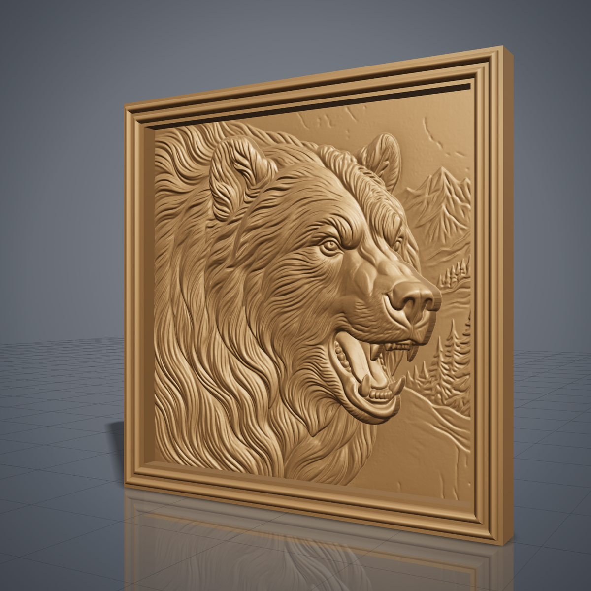 Detailed 3D bas-relief of a snarling grizzly bear head in profile with flowing fur, open jaws and fangs, set against a mountain and pine forest scene inside a stepped square molded frame. Shown in carved walnut wood and grey resin. Designed for CNC relief carving, woodworking and 3D printing as rustic cabin wildlife wall decor.