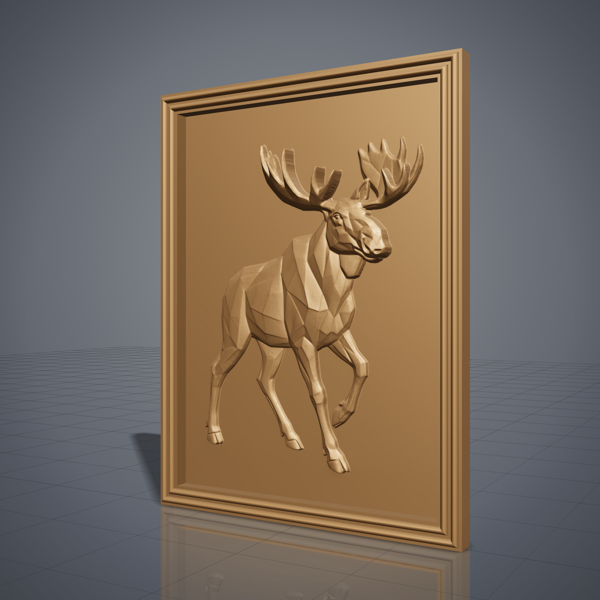Faceted low poly moose with huge palmate antlers walking on a plain smooth background, shown as a portrait rectangular frame relief plaque with a stepped molded border, digital STL model for CNC router carving and 3D printing.