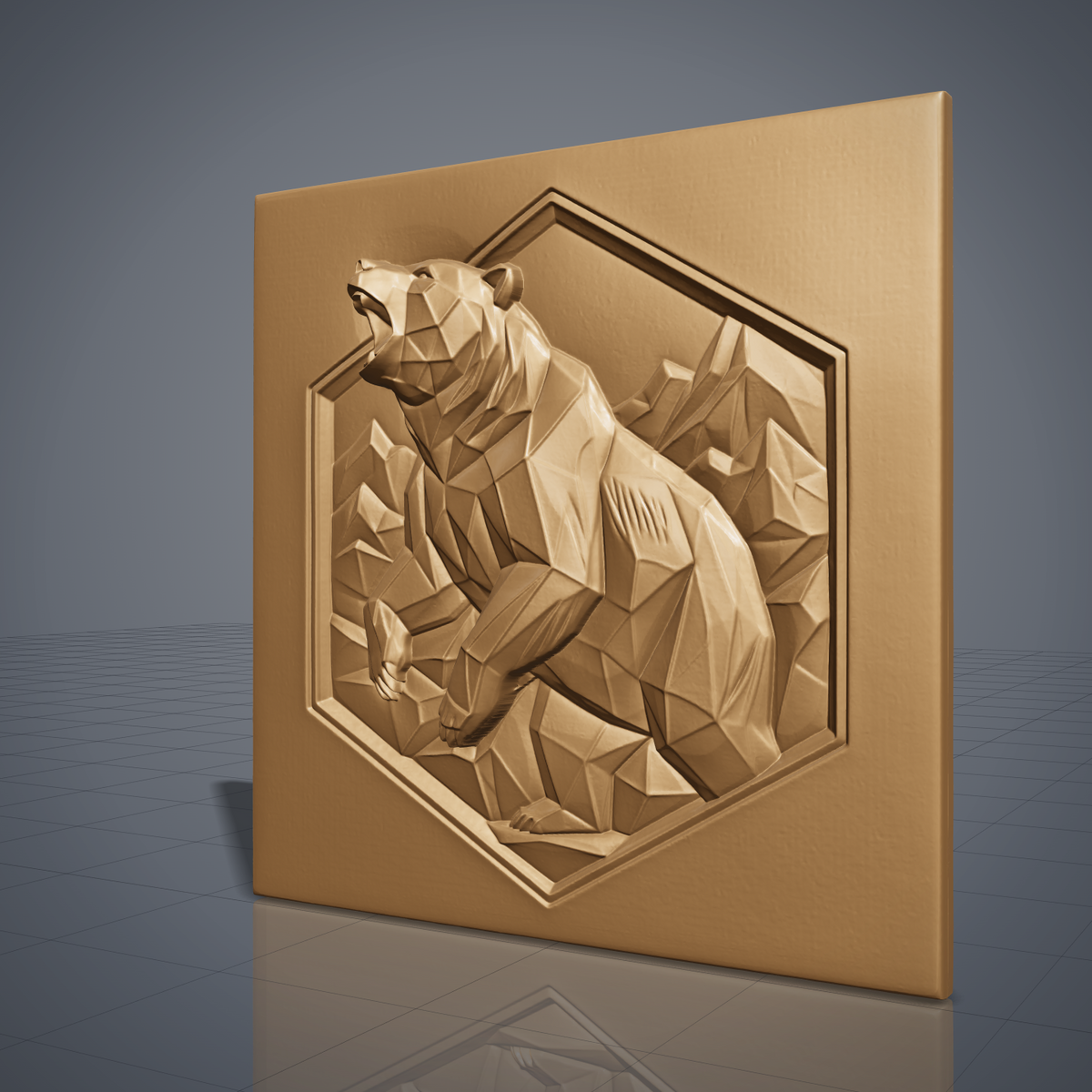 Geometric low poly 3D bas-relief of a roaring bear rearing up with raised front paws, faceted fur and angular mountain peaks. Set inside a recessed hexagon panel on a flat square slab. Shown in carved walnut wood and grey resin. Designed for CNC relief carving, woodworking and 3D printing as modern wildlife and cabin wall decor.