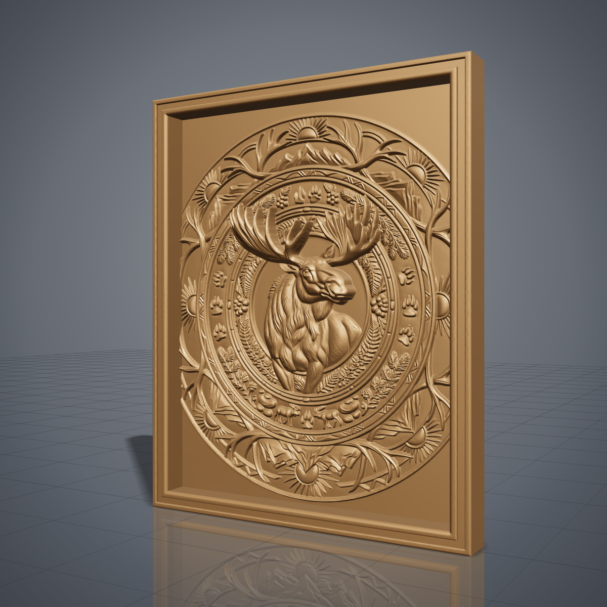 High-relief 3D bas-relief of a bull moose inside a circular mandala medallion of antlers, mountains, rising suns, ferns, berries and paw prints, set in a stepped rectangular frame. Fine fur, muscle and antler detail with layered rings rising from a smooth background. Designed for CNC relief carving, wood routing and 3D printing as rustic wildlife wall decor for a cabin, lodge or hunting den.