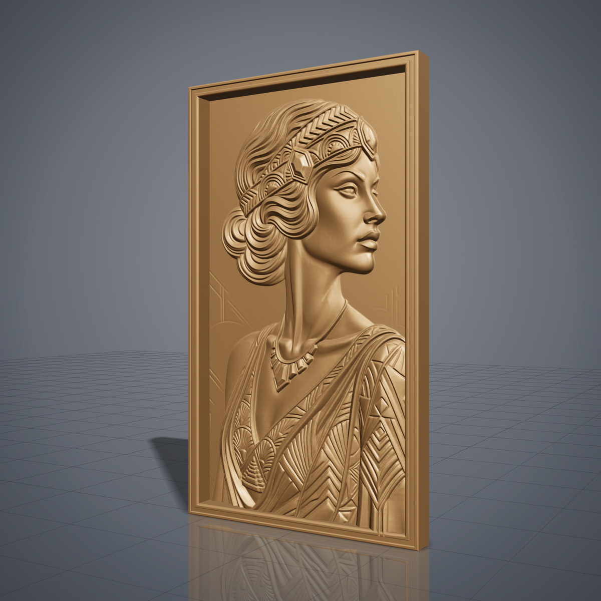 Highly detailed 3D bas-relief of an Art Deco woman in profile, wearing a geometric jeweled headband over finger-waved hair styled into a low bun, an angular necklace, and a dress with chevron and diamond geometric patterns, carved in rich walnut wood. The portrait is set within a raised, molded picture-frame border on a vertical rectangular panel. Fine relief carving captures crisp geometric detail and natural wood grain throughout. Designed for CNC relief carving, wood routing, and 3D printing 
