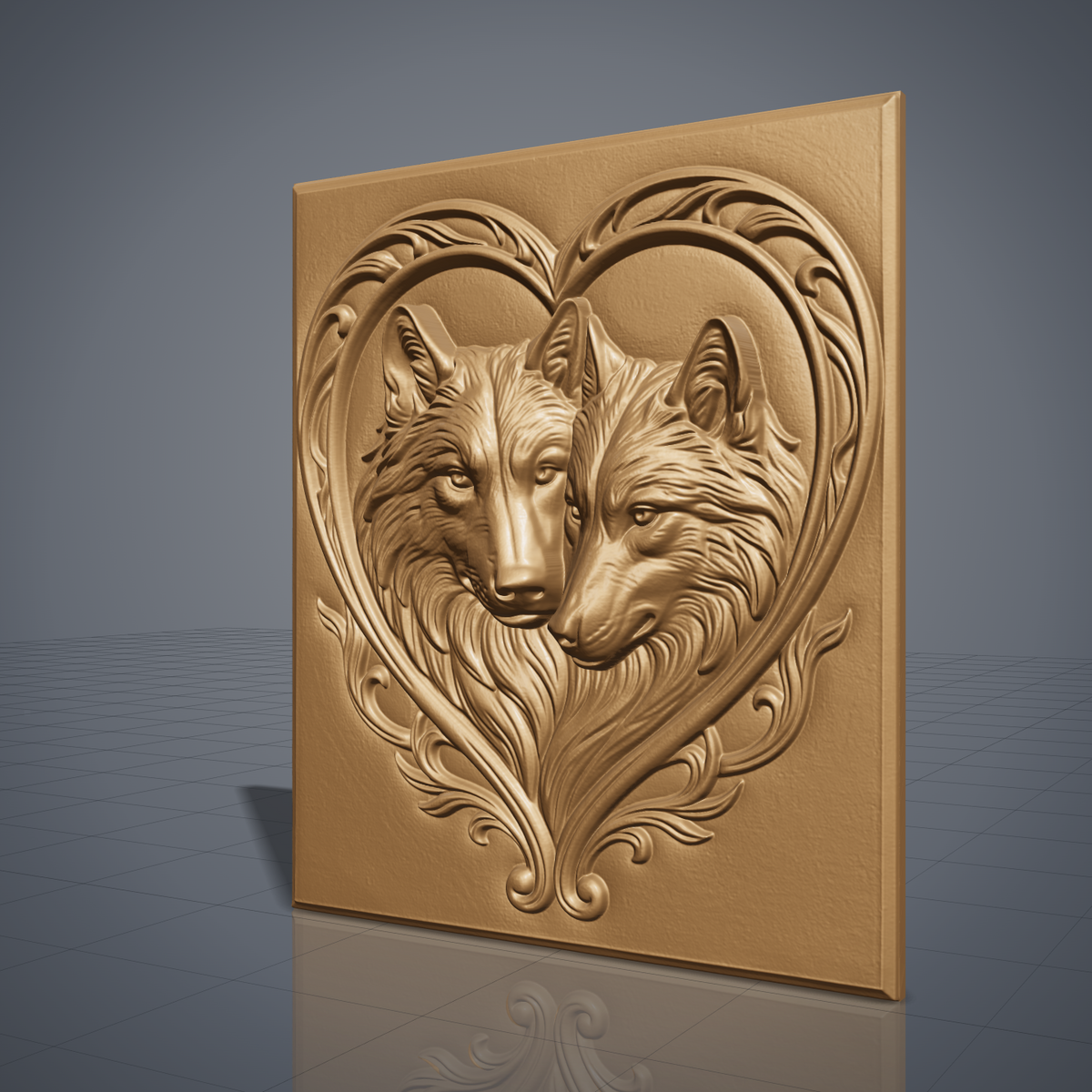 Bas-relief of two wolves nuzzling nose to nose, encircled by ornate heart-shaped scrollwork carved into a rectangular panel with a raised molded border. Rich wood-grain texture and fine fur detail run throughout the piece. Designed for CNC relief carving, wood routing, and 3D printing as rustic wall decor.