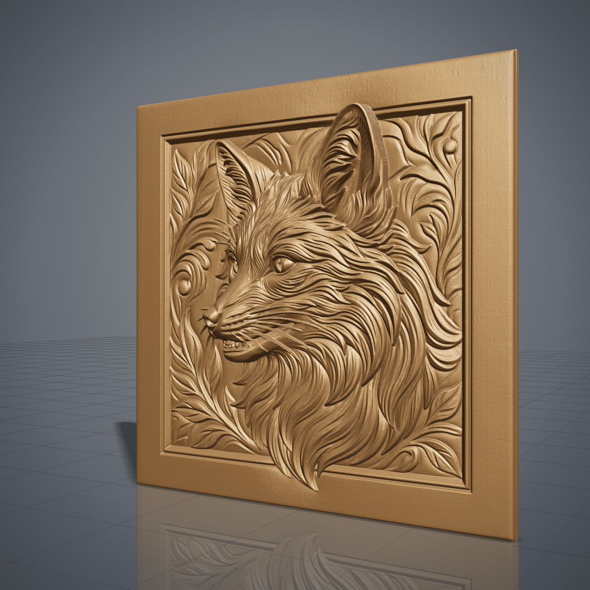 Detailed 3D bas-relief of a fox head with pointed ears, whiskers, and a slightly open mouth, carved in rich walnut wood grain with fine fur texture throughout. Leafy scrollwork, swirls, and small berry accents fill the corners within a raised square frame border. Designed for CNC relief carving, wood routing, and 3D printing as rustic wall decor.
