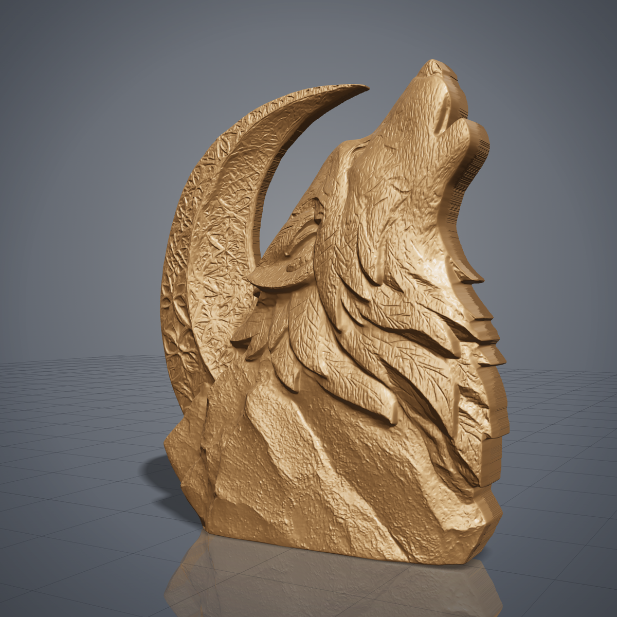 Detailed 3D bas-relief cutout of a wolf howling at a large crescent moon, perched on a rugged mountain rock. Layered fur tufts, leaf-like mane carving and intricate floral texture on the moon. Carved wood texture with raised detail and deep shadows. Designed for CNC carving, wood routing, 3D printing and rustic wall decor.