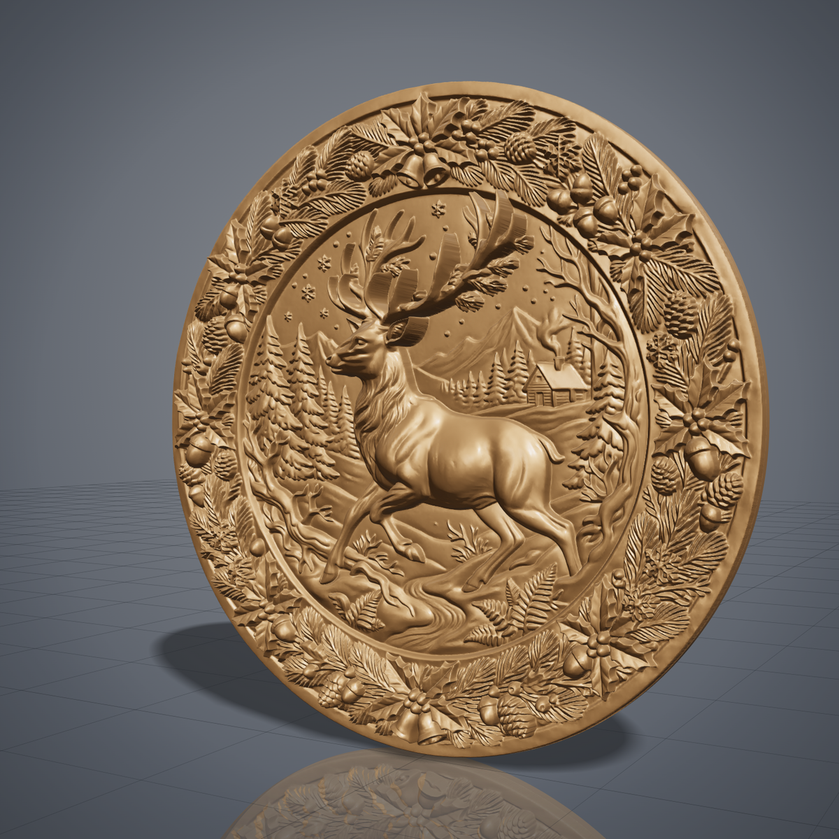 Detailed 3D bas-relief of a leaping stag with large antlers in a snowy pine forest with a log cabin and mountains, set inside a round medallion. The raised border is a wreath of holly leaves, berries, pine branches, cones, acorns, snowflakes and jingle bells. Fine fur and foliage texture. Designed for CNC relief carving, woodworking and 3D printing as Christmas wall decor.