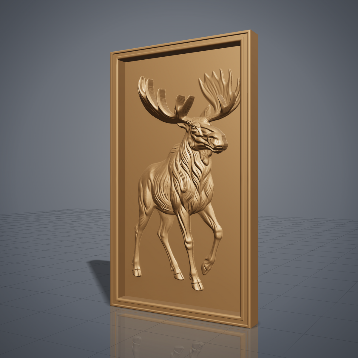 High-relief 3D bas-relief of a full-body walking bull moose with large palmate antlers, set in a tall stepped rectangular frame. Fine fur, muscle, leg and antler detail rising from a smooth background. Designed for CNC relief carving, wood routing and 3D printing as rustic wildlife wall decor for a cabin, lodge or hunting den.