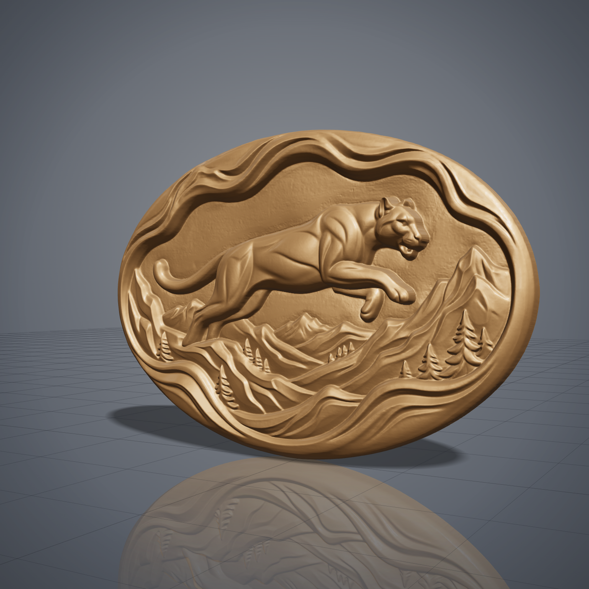 Leaping mountain lion carved in dark walnut wood on an oval wavy slab with flowing mountain ridges and pine trees, shown as a workshop mockup and a grey resin render. Digital STL relief file for CNC routers and 3D printers, ideal for wildlife wall art, panels and woodworking projects.