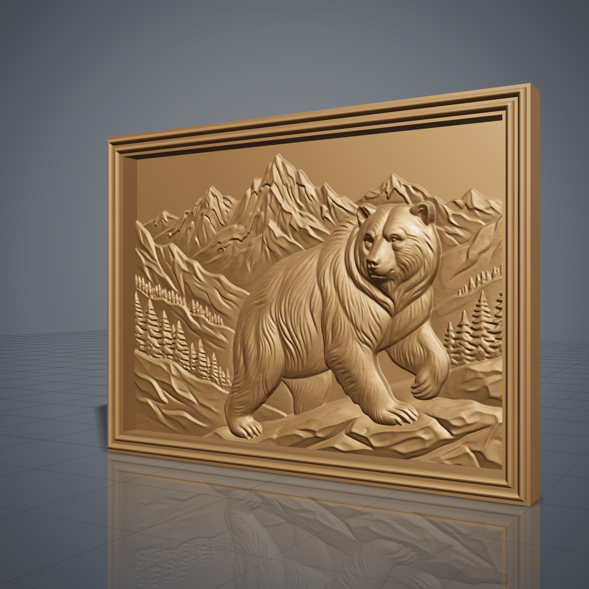 Detailed 3D bas-relief of a grizzly bear walking across rocky ground in front of snow-capped mountain peaks, with pine forest and alpine valleys behind. Framed by a rectangular stepped molded border around a recessed panel. Shown in carved walnut wood and grey resin. Designed for CNC relief carving, woodworking and 3D printing as rustic cabin and wildlife wall decor.
