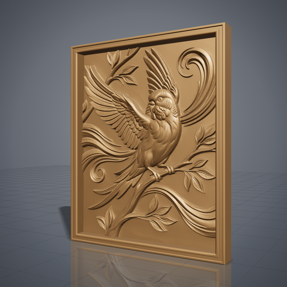 Highly detailed 3D bas-relief of a budgerigar parakeet with wings fully spread and raised, perched on a leafy branch with tail feathers fanned below, set against decorative scrollwork carved in rich walnut wood. The scene is framed by a raised, molded picture-frame border on a vertical rectangular panel. Fine relief carving captures individual feather barbs, leaf veins, and natural wood grain throughout. Designed for CNC relief carving, wood routing, and 3D printing as bird lover, nature-inspire
