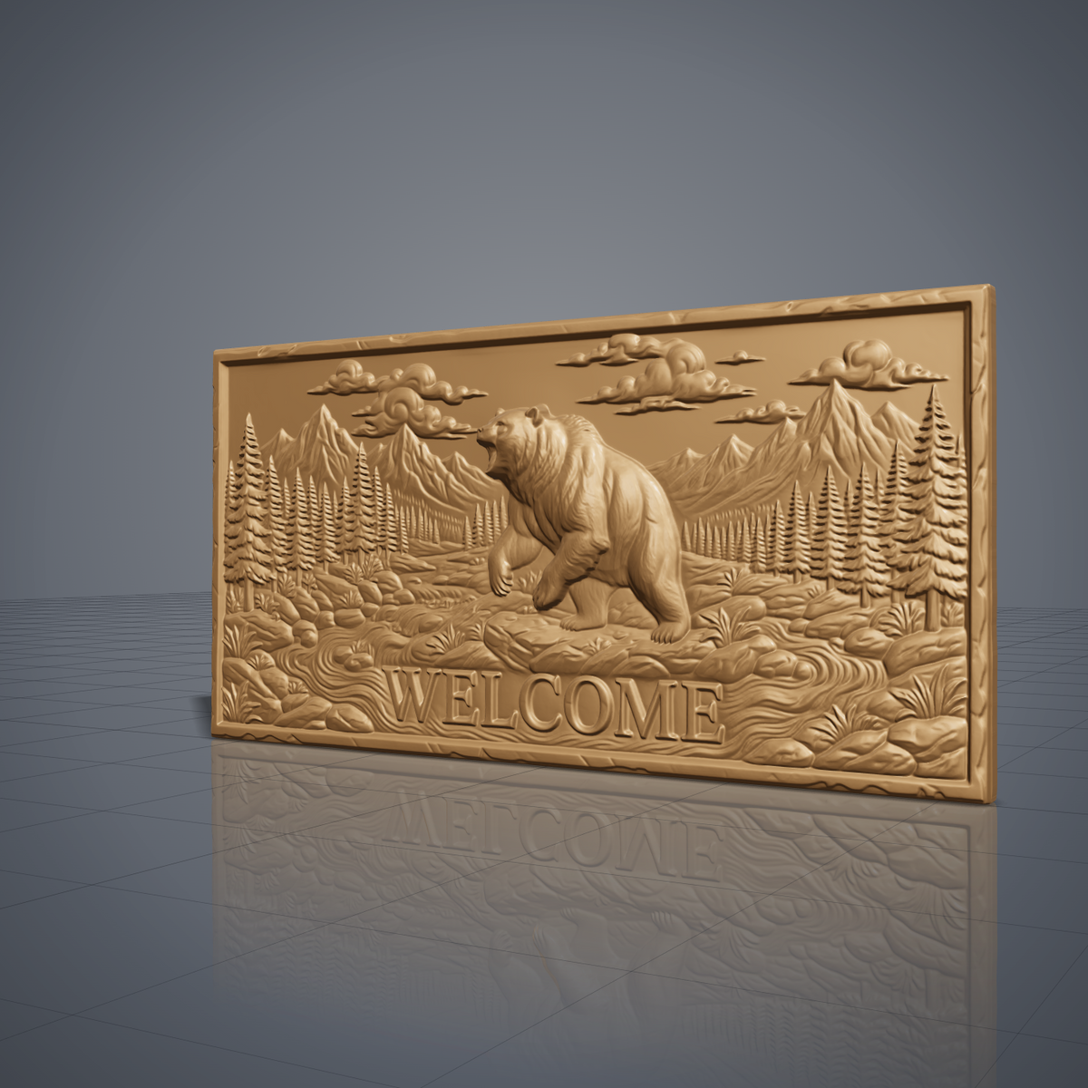 Detailed 3D bas-relief of a roaring grizzly bear standing on its hind legs in a mountain valley, with WELCOME lettering carved below. Pine forest, rocky stream, rugged peaks and billowing clouds fill the scene on a rectangular slab with a rough stone-style edge. Fine fur texture. Designed for CNC relief carving, woodworking and 3D printing as rustic cabin and porch wall decor.