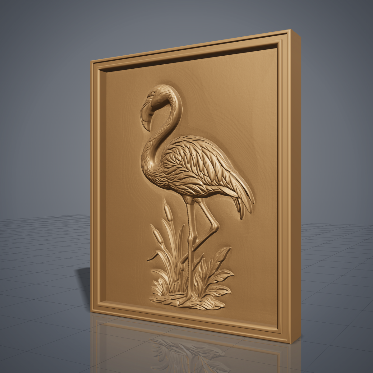 Detailed 3D bas-relief of a flamingo standing on one leg among tall cattails and reeds, long curved neck lowered, carved in rich walnut wood with fine feather and grain texture. Set within a molded rectangular picture-frame border. Designed for CNC relief carving, wood routing, and 3D printing as wetland wall decor.
