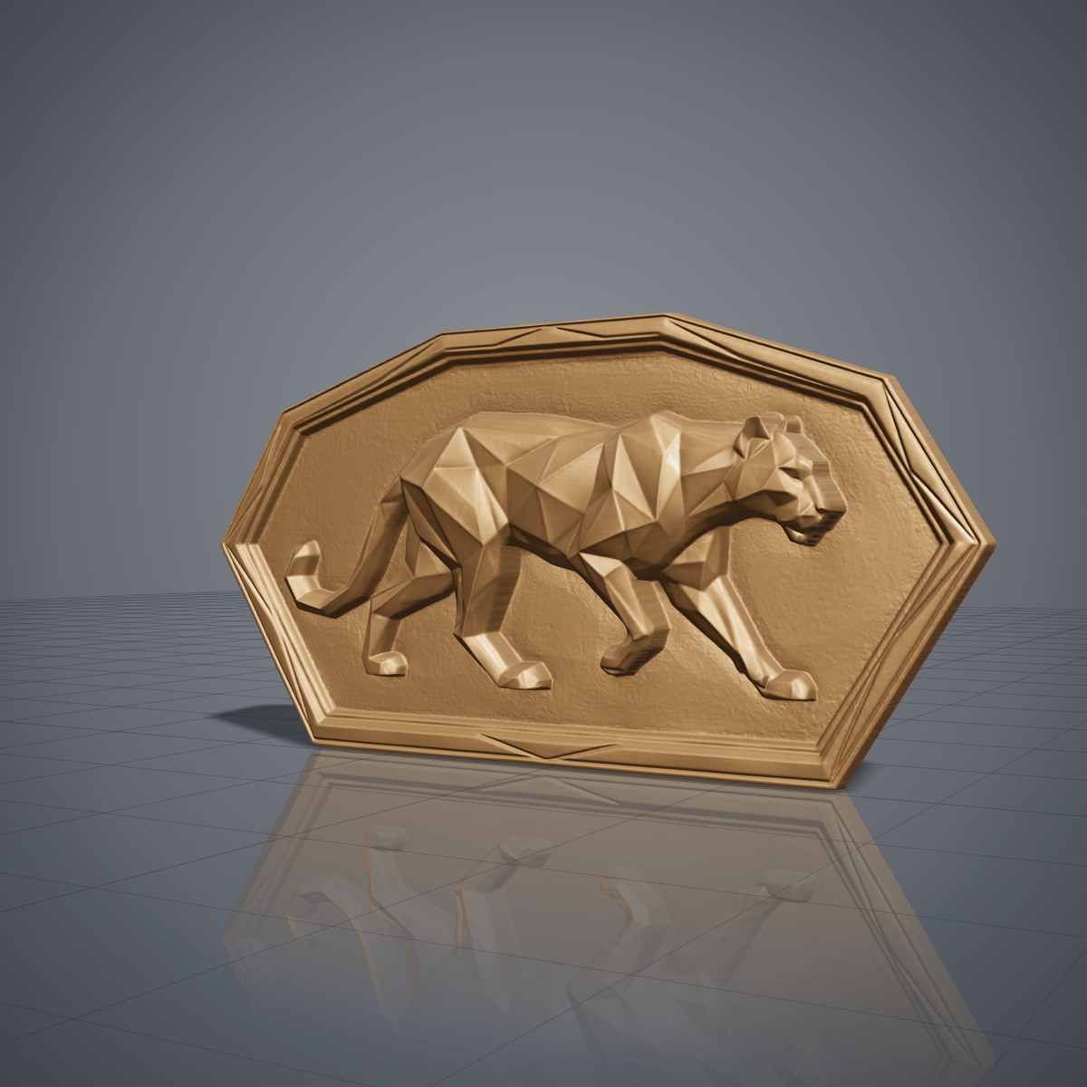 Low poly mountain lion carved in dark walnut wood inside a chamfered rectangular frame with stepped raised border, shown as a workshop mockup and a grey resin render. Digital STL relief file for CNC routers and 3D printers, ideal for wildlife wall art, panels and woodworking projects.
