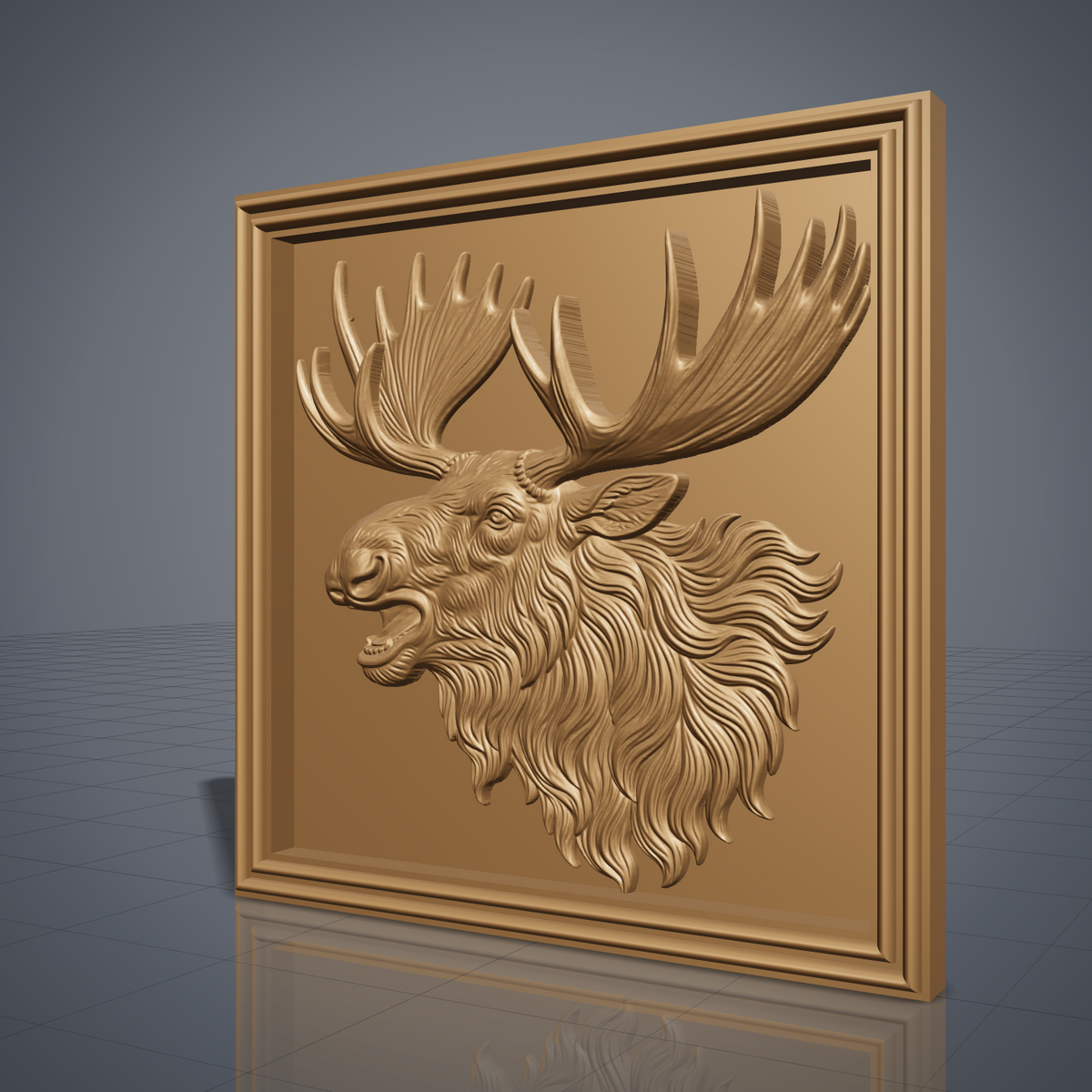 High-relief 3D bas-relief of a bugling moose head with open mouth, huge palmate antlers and a flowing shaggy mane, set in a square framed plaque with a stepped molded border and flat recessed background. Fine fur and antler grain detail with layered relief. Designed for CNC relief carving, wood routing and 3D printing as rustic wildlife wall decor for a cabin, lodge or hunting den.