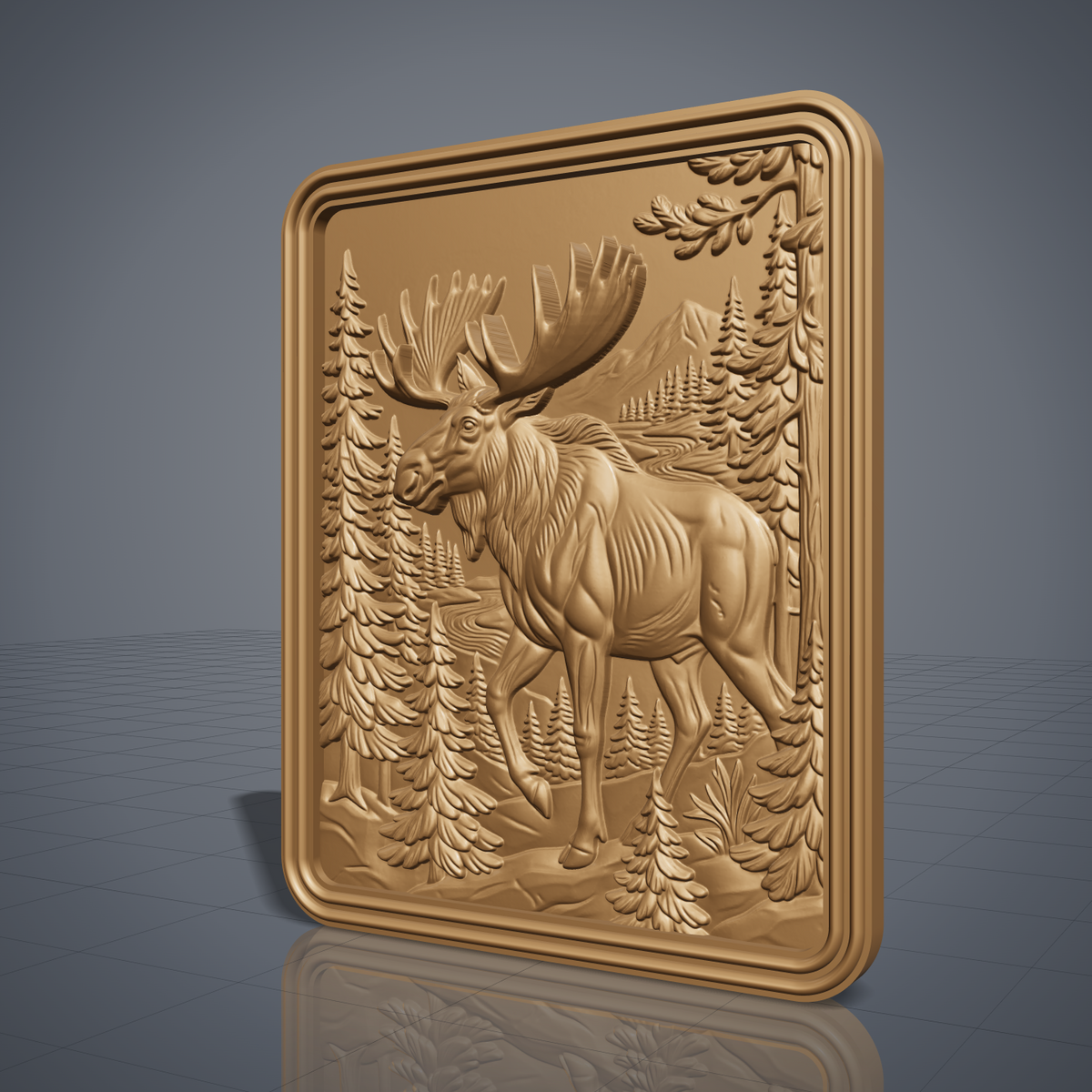 High-relief 3D bas-relief of a walking moose with large antlers in a pine forest with mountains and a winding river, framed in a portrait rectangular plaque with rounded corners. Fine antler, fur and pine needle detail with layered relief. Designed for CNC relief carving, wood routing and 3D printing as rustic wildlife wall decor for a cabin, lodge or hunting den.