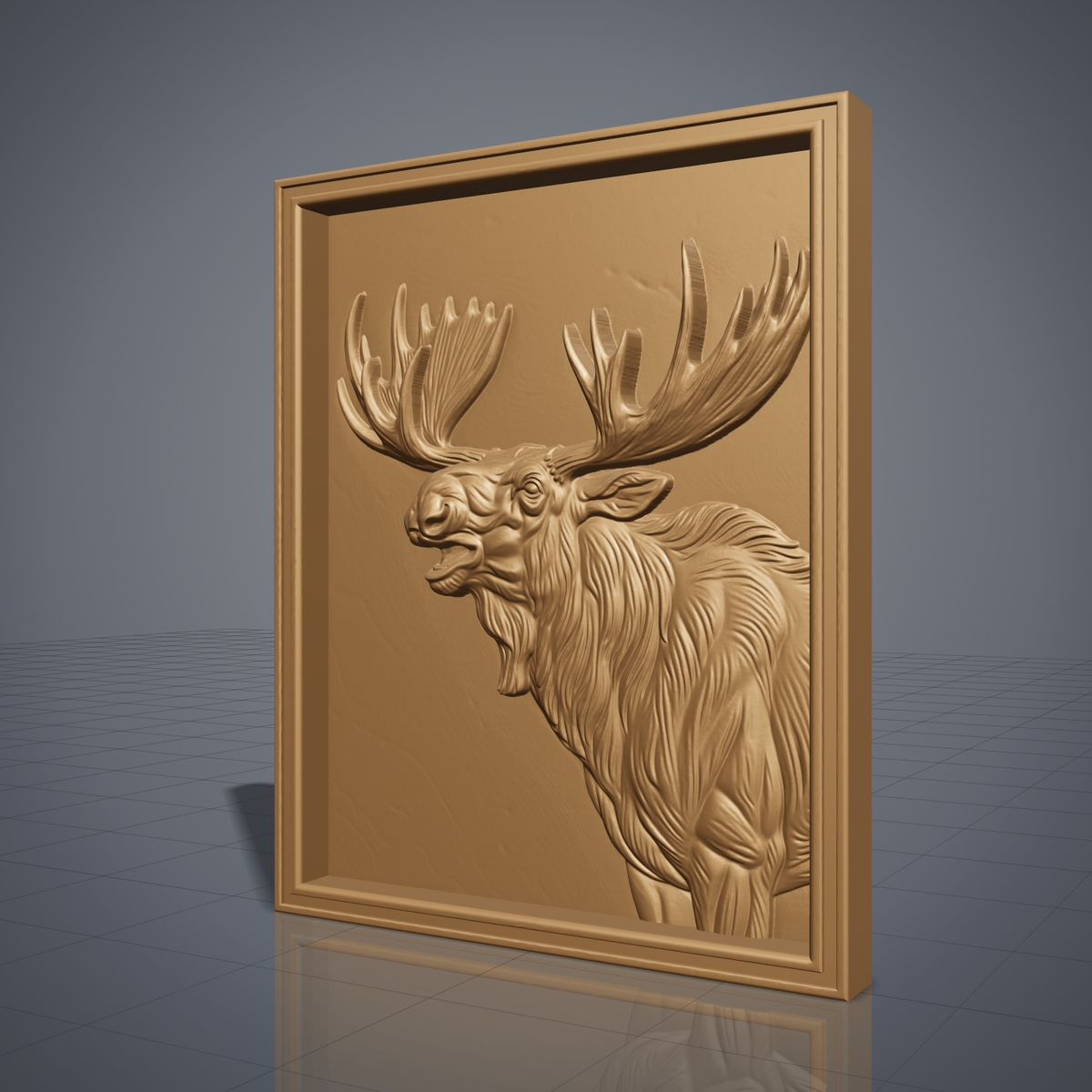 High-relief 3D bas-relief of a bellowing bull moose bust with wide palmate antlers and a shaggy mane, set in a stepped rectangular frame. Fine fur, muscle and antler detail rising from a smooth recessed background. Designed for CNC relief carving, wood routing and 3D printing as rustic wildlife wall decor for a cabin, lodge or hunting den.