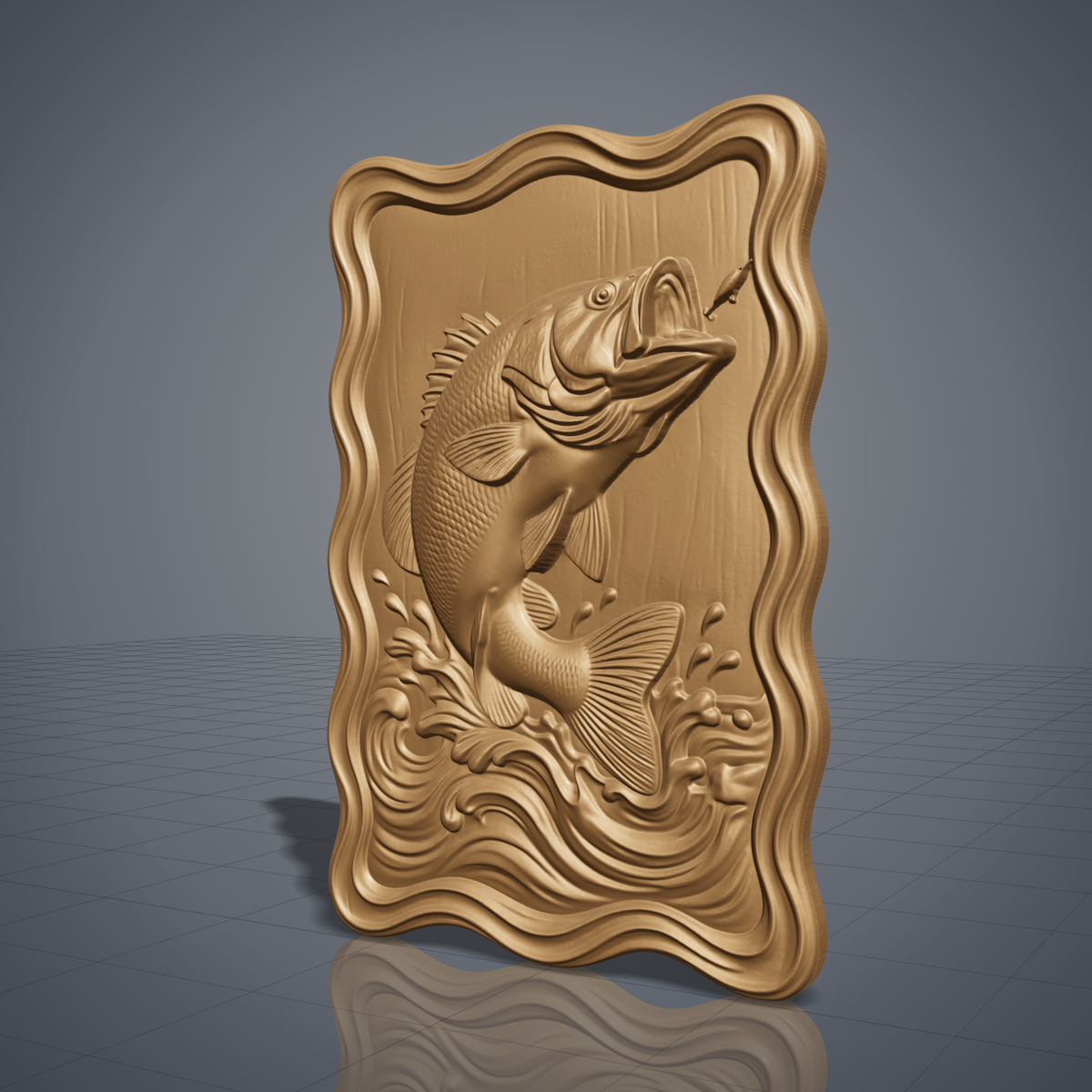 A detailed 3D bas-relief of a largemouth bass leaping from splashing water toward a fishing lure, set within a wavy scalloped-edge rectangular frame. Fine scale texture, fin detail, and dynamic water spray are carved in raised relief with a natural wood grain finish. Designed for CNC relief carving, wood routing, and 3D printing as fishing-themed wall decor.