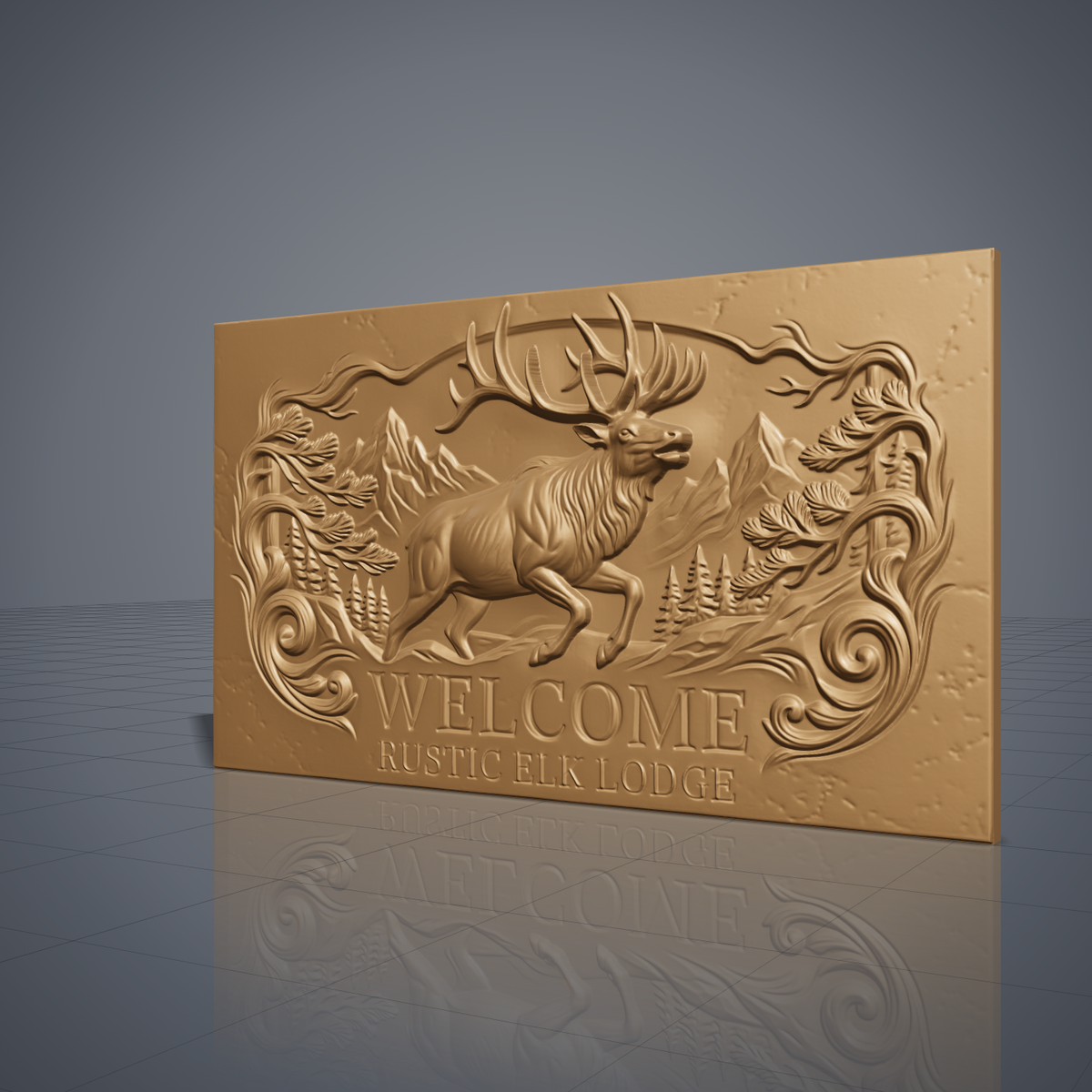 Detailed 3D bas-relief of a bugling bull elk leaping before snowy mountain peaks and pine forest, framed by carved pine branches and scrollwork, with raised WELCOME and RUSTIC ELK LODGE lettering. Shown on a flat rectangular slab in carved walnut wood. Designed for CNC relief carving, woodworking and 3D printing as a rustic lodge entry sign.
