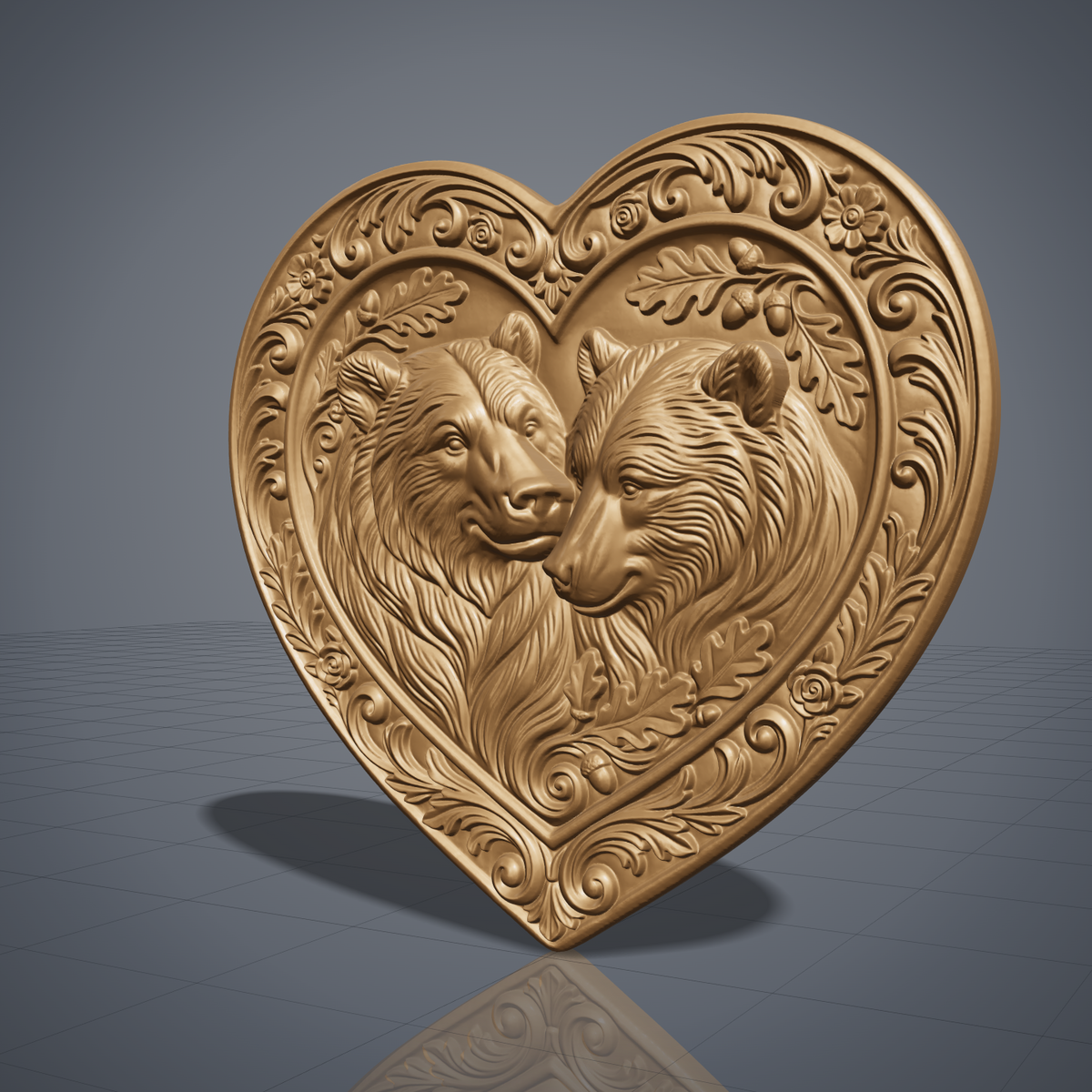 Detailed 3D bas-relief of two bears nuzzling cheek to cheek with thick flowing fur, framed in a heart-shaped panel with an ornate floral scroll border, oak leaves and acorns. Shown in carved walnut wood and grey resin. Designed for CNC relief carving, woodworking and 3D printing as romantic wall decor.