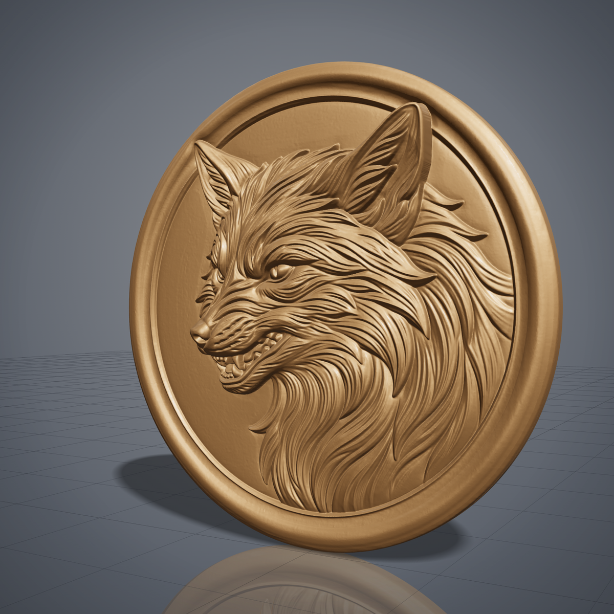 A high-relief 3D carving of a snarling fox head, bared teeth, narrow eyes, and a flowing fur mane rendered in fine raised detail. The bust is set within a raised circular medallion frame with a smooth rim. Carved wood texture shown for reference. Designed for CNC relief carving, wood routing, resin casting, and 3D printing as wall decor or a medallion plaque.