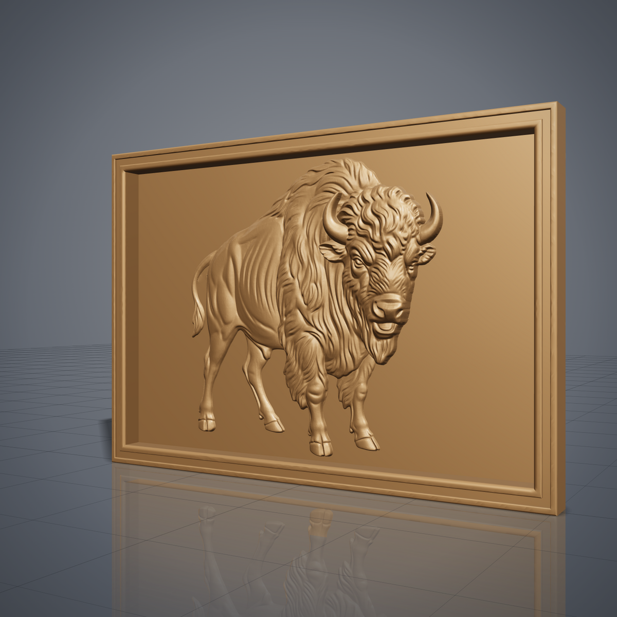 Detailed 3D bas-relief of an American bison standing in three-quarter view with its head turned toward the viewer, showing curved horns, a thick shaggy mane, bearded chin, muscular body and tufted tail. Deep fur texture and raised detail throughout, set inside a stepped rectangular frame border. Designed for CNC relief carving, wood routing and 3D printing as rustic western wall decor.