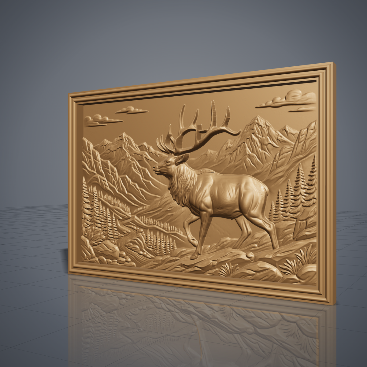 Detailed 3D bas-relief of a bull elk walking through a mountain valley with towering peaks, pine forest, winding river, clouds and rocky foreground. Set in a landscape rectangular panel with a stepped molded frame, shown in carved walnut wood. Designed for CNC relief carving, woodworking and 3D printing as rustic wildlife wall decor.